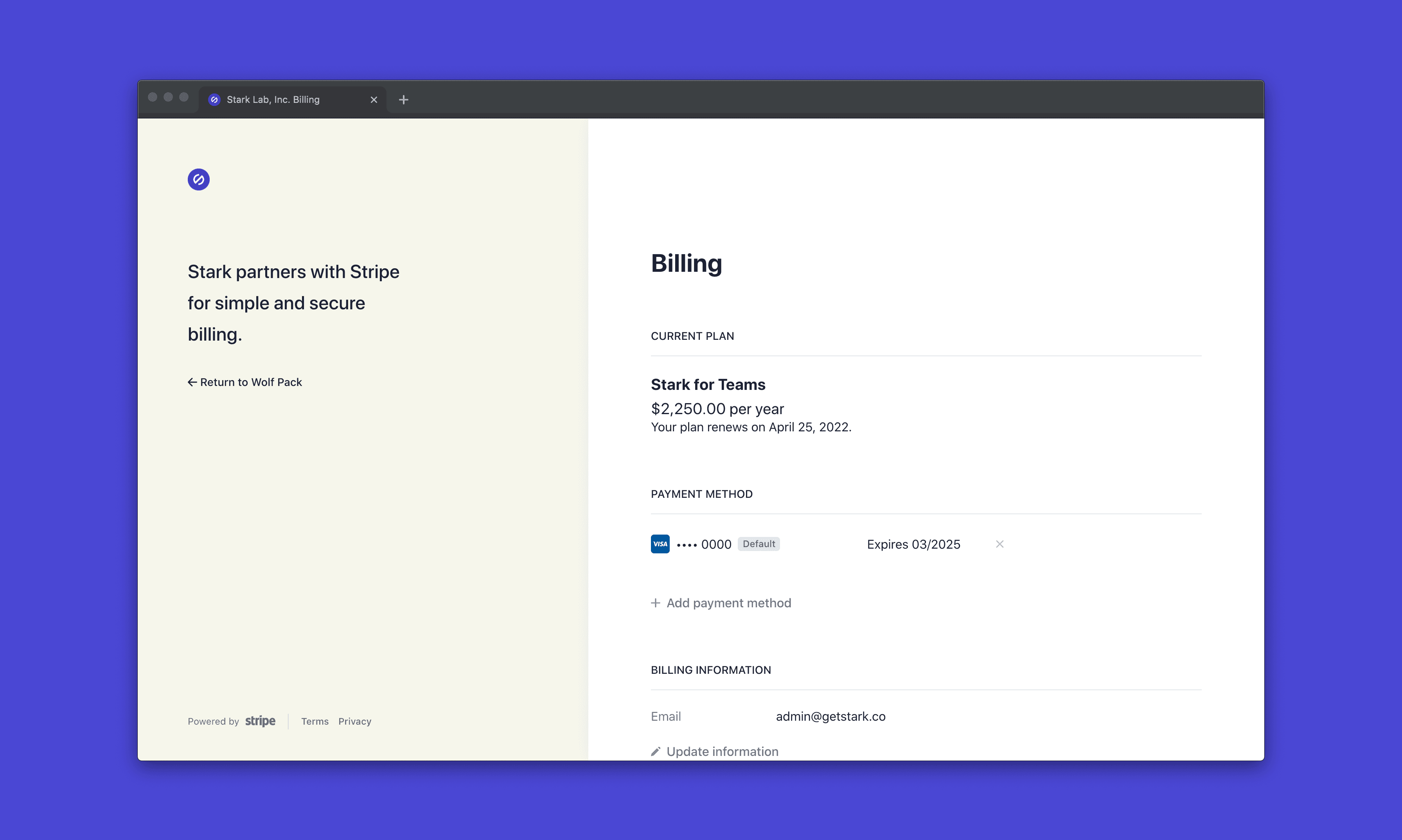 A user interface of Stripe's user portal. The portal shows a team's most recent invoice, highlighting their current plan and billing information.