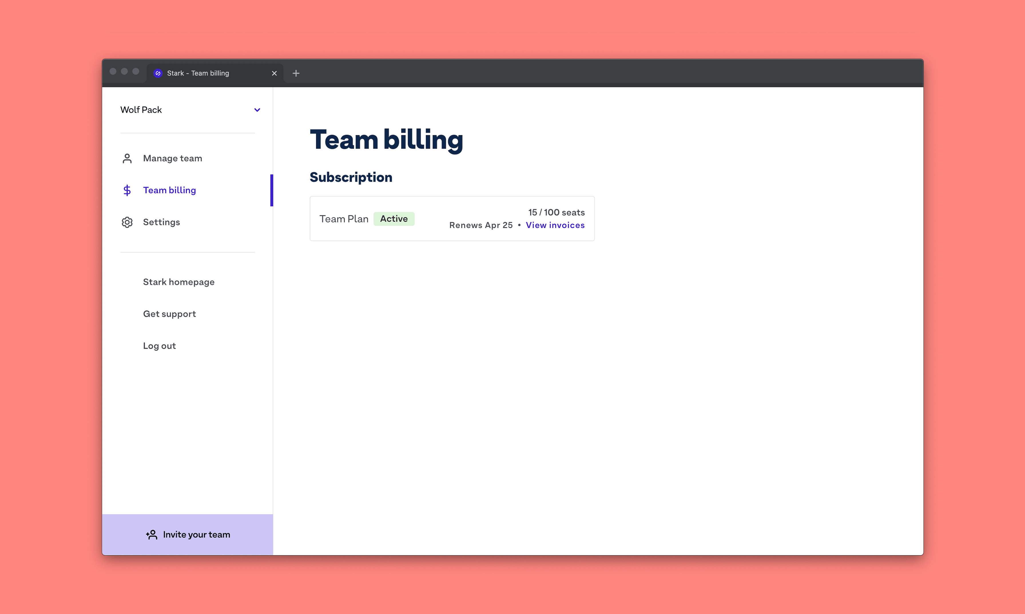 A user interface showing the team billing page which includes the active team plan, its renewal date, the number of seats the plan includes and previously issued invoices.