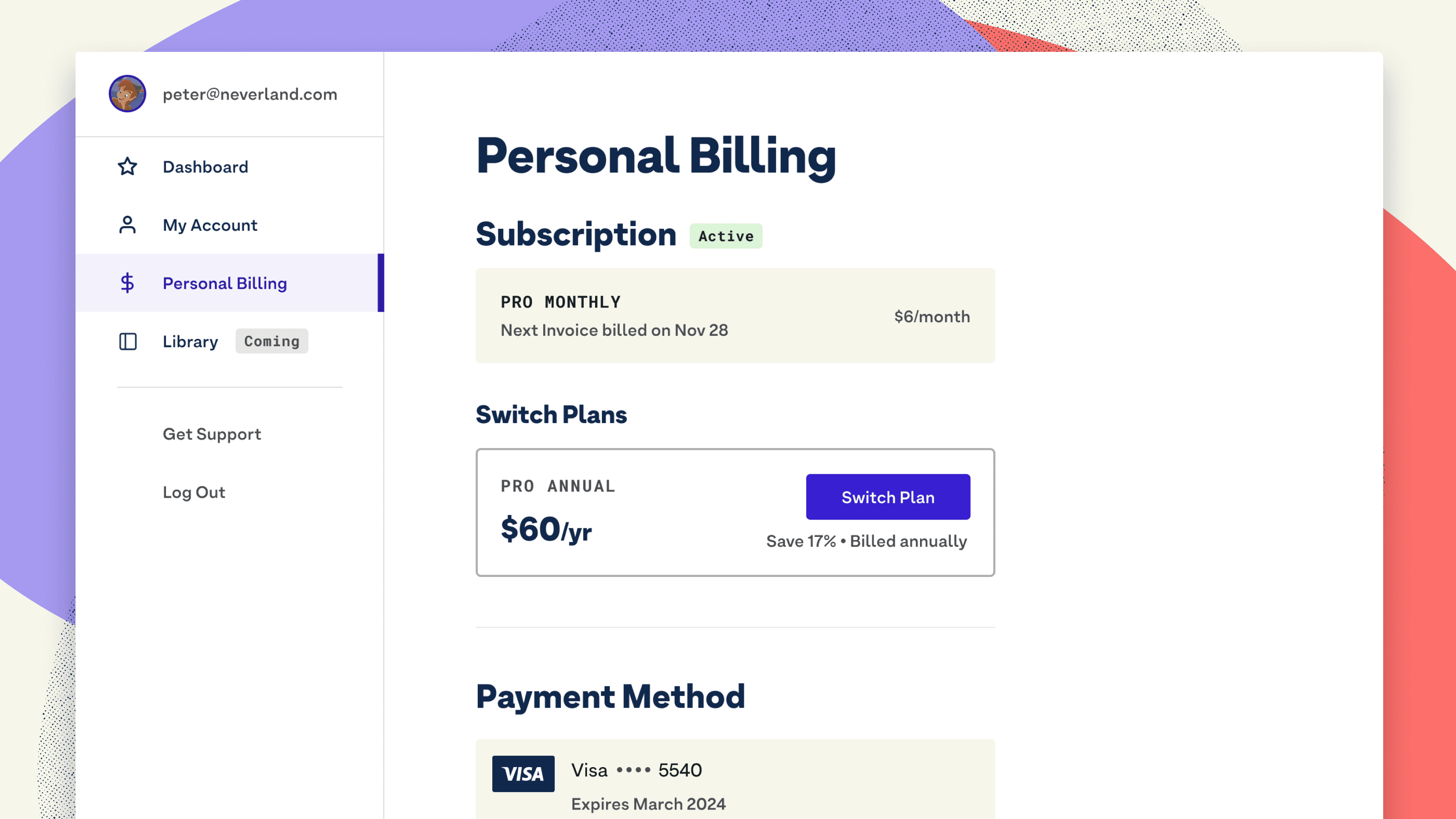 The user interface of Stark’s personal billing page for customers with the ability to view your subscription, upgrade, downgrade, and change your personal or payment info.