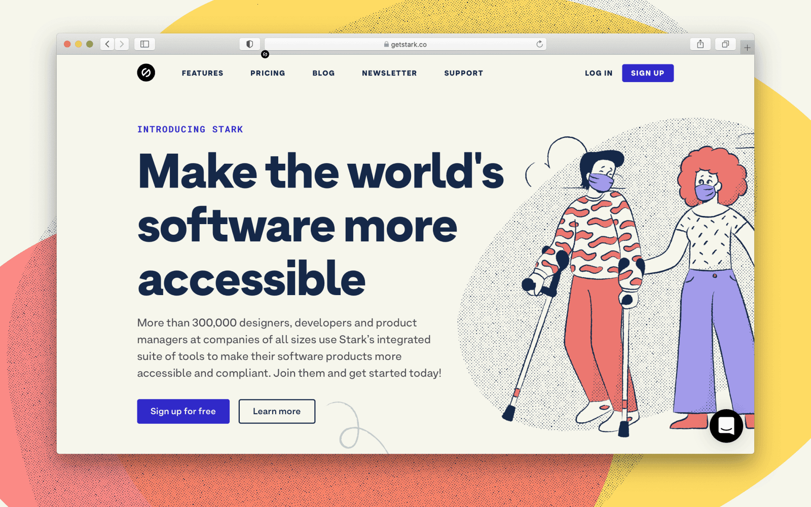 The Stark website showing a headline that says Make the world’s software products more accessible. To the right of the text is an illustration of a man on crutches and a woman walking by his side.