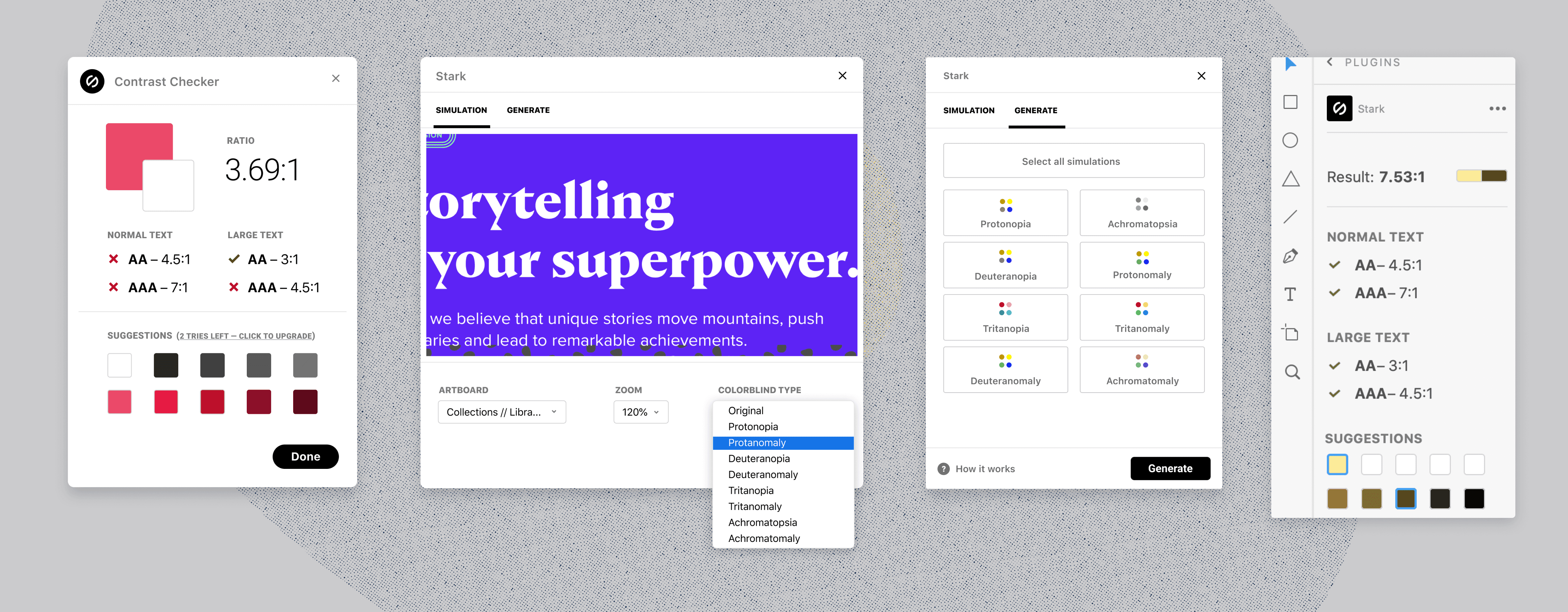 The Stark contrast checker with smart suggestions for alternative colors, a colorblind simulator allowing you to simulate different types of colorblindness over your designs, a colorblind generator, and Smart Suggestions in the Side Panel of Adobe XD