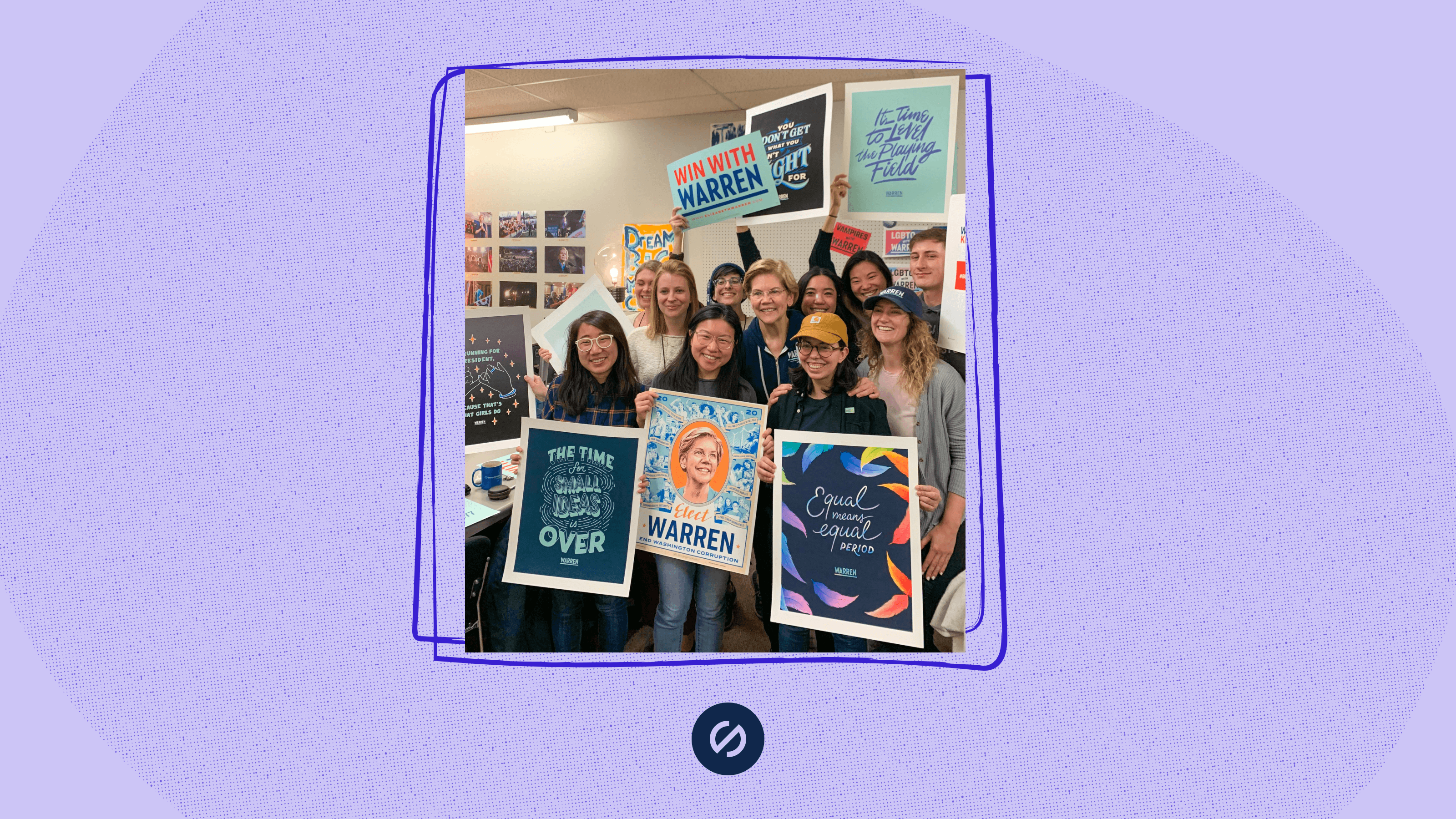 Raquel and some of her design team with their boss and posters from the campaign.