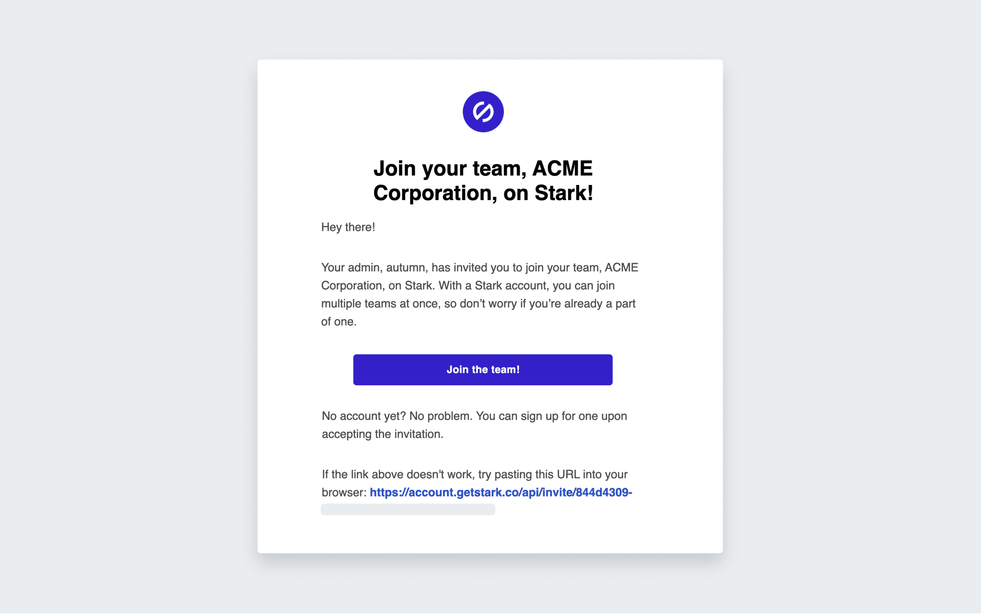 Screenshot of an email with the invite to join a team on Stark.