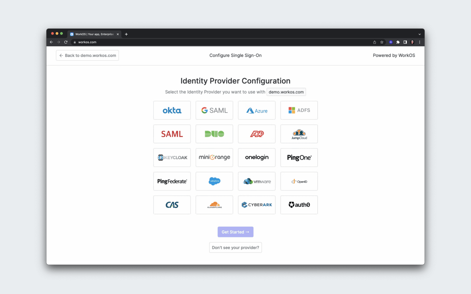 The WorkOS admin panel. A variety of popular SSO providers are shown as options.