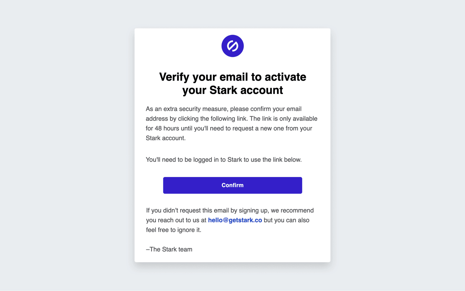Screenshot of the verification email sent from Stark