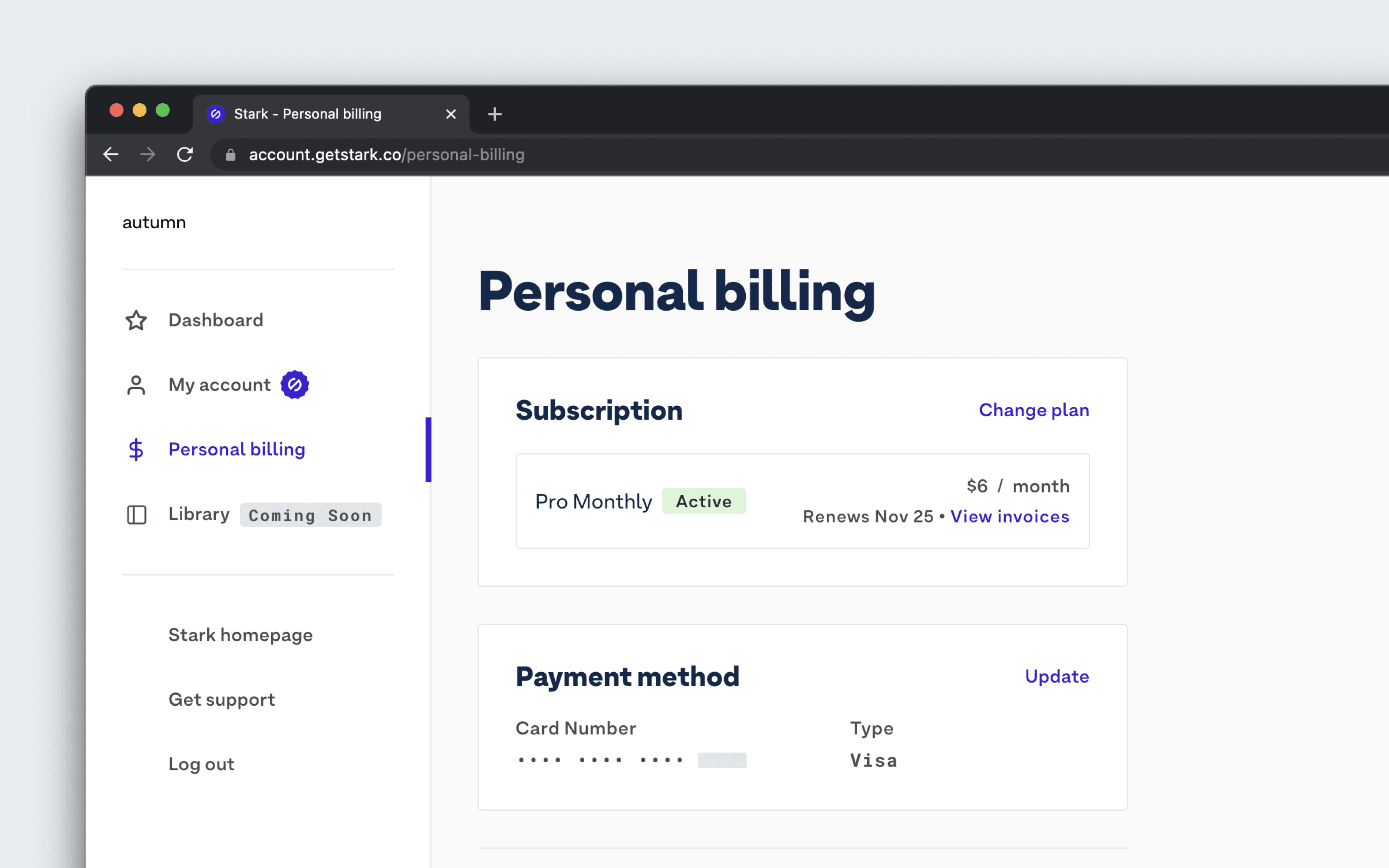 The personal billing page in the Stark web dashboard
