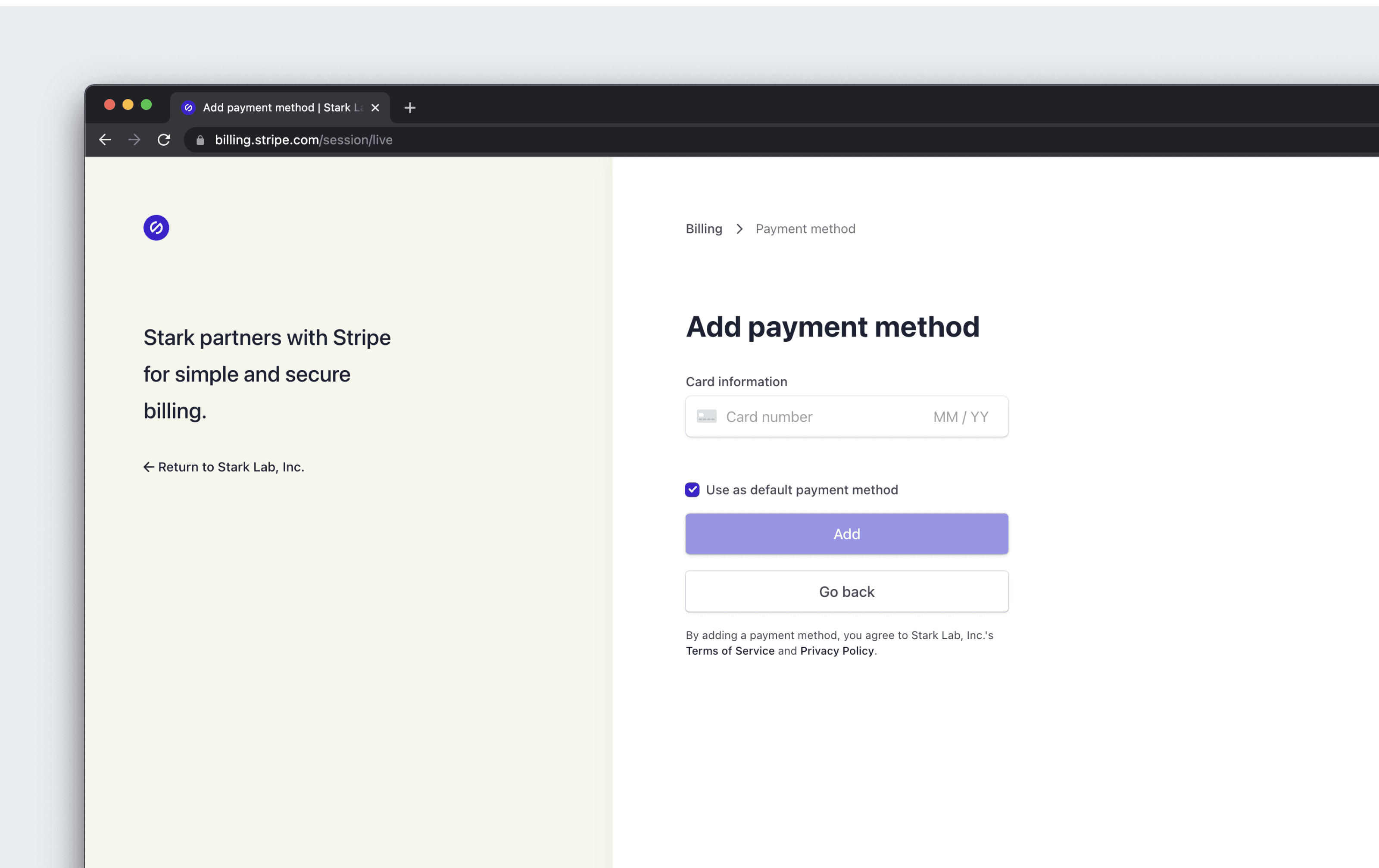 The Stripe billing portal showing the add payment method workflow