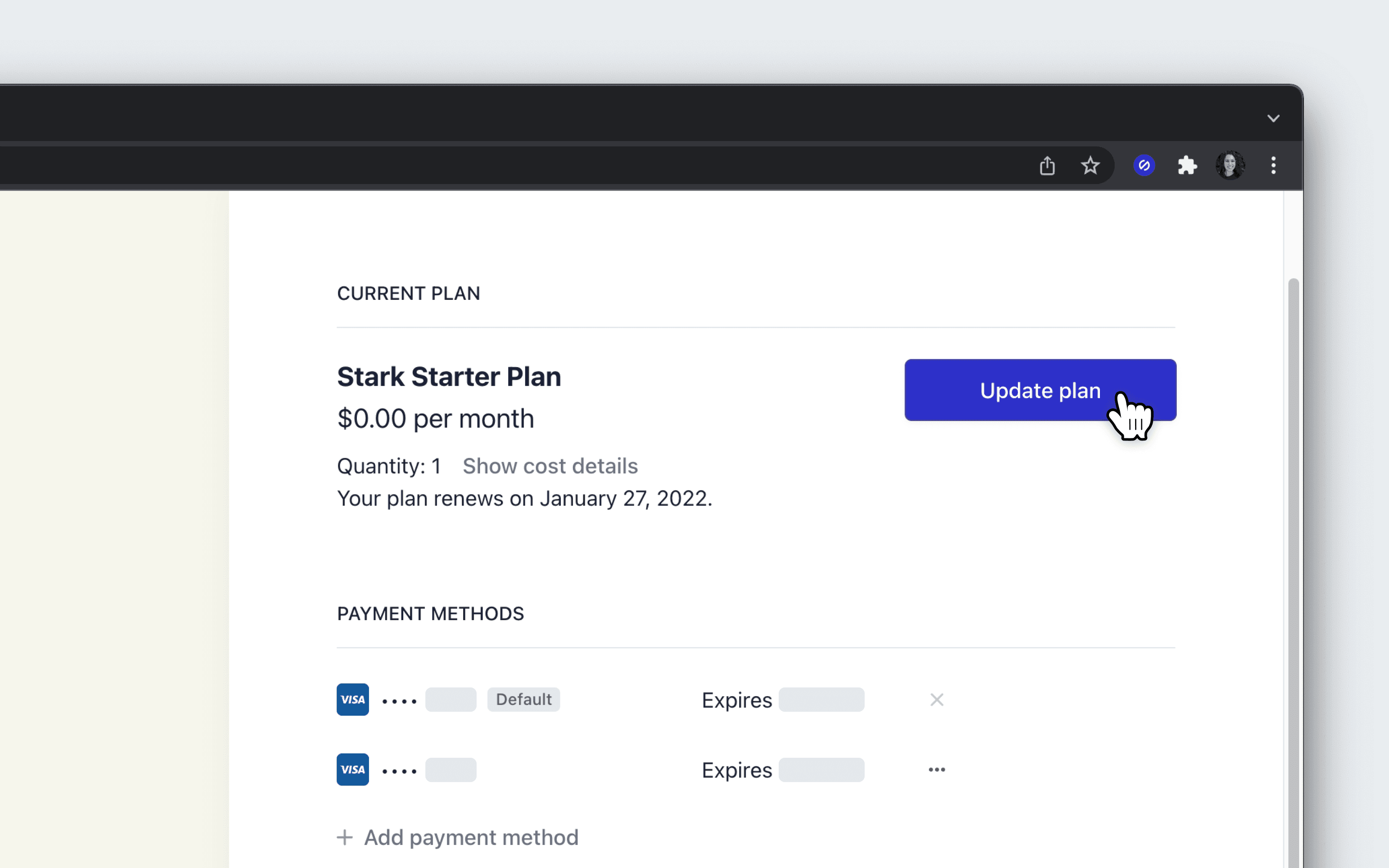 The Stripe billing portal showing subscription details and the option to update your plan