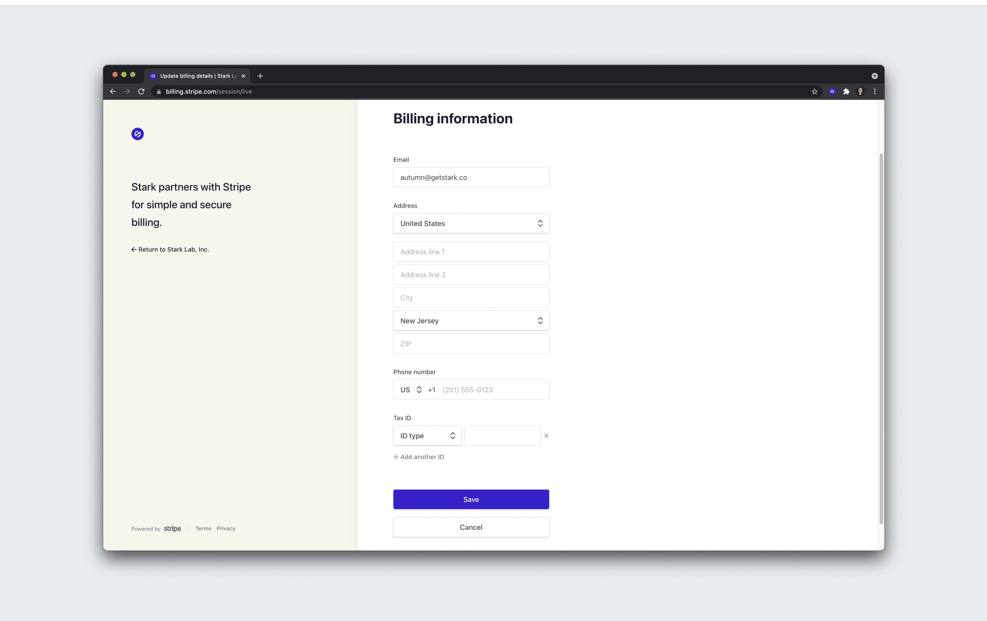 The Stripe billing portal showing the form to update your billing information