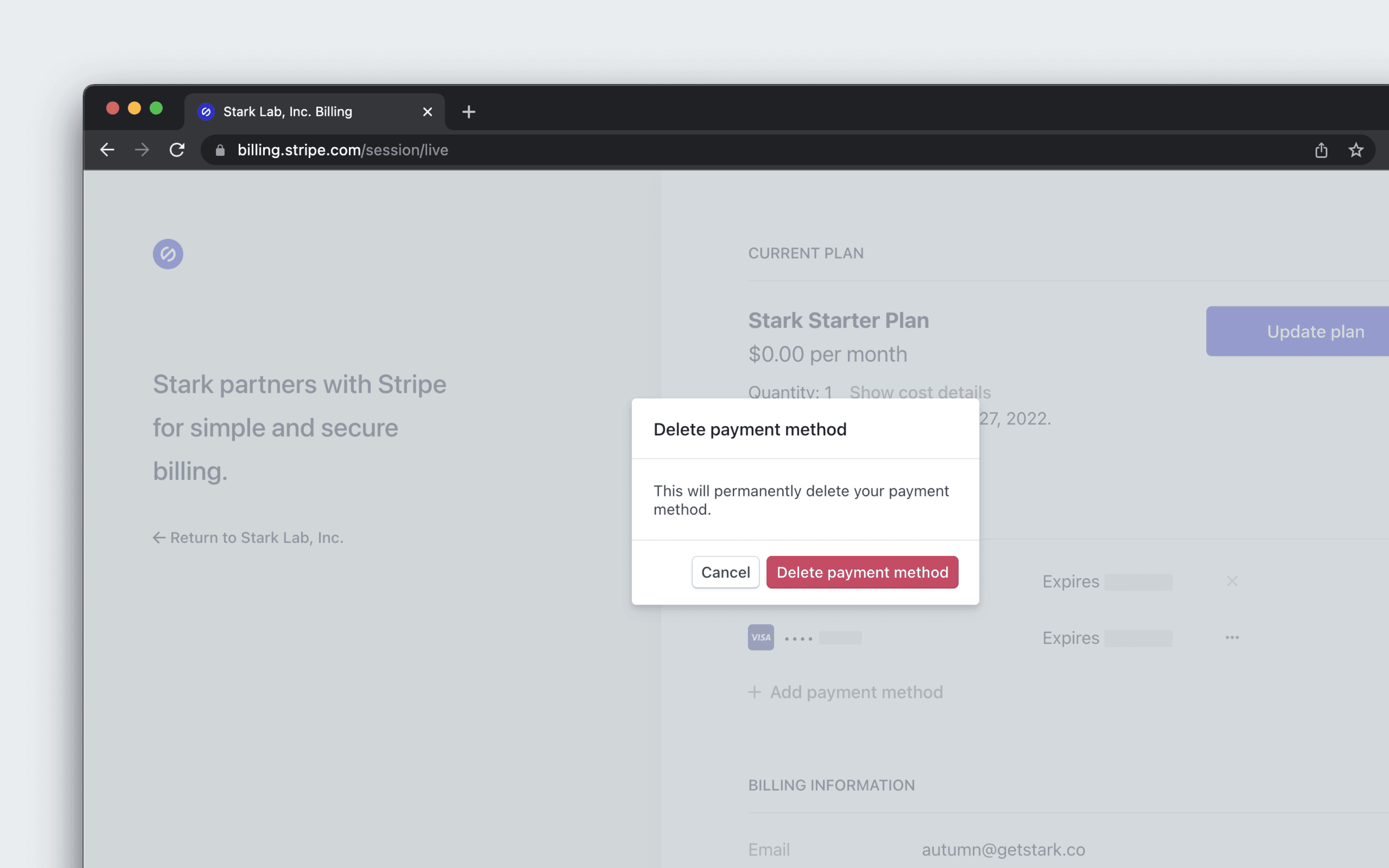 The Stripe billing portal showing a warning popup that reads 'Delete payment method; this will permanently delete your payment method.'