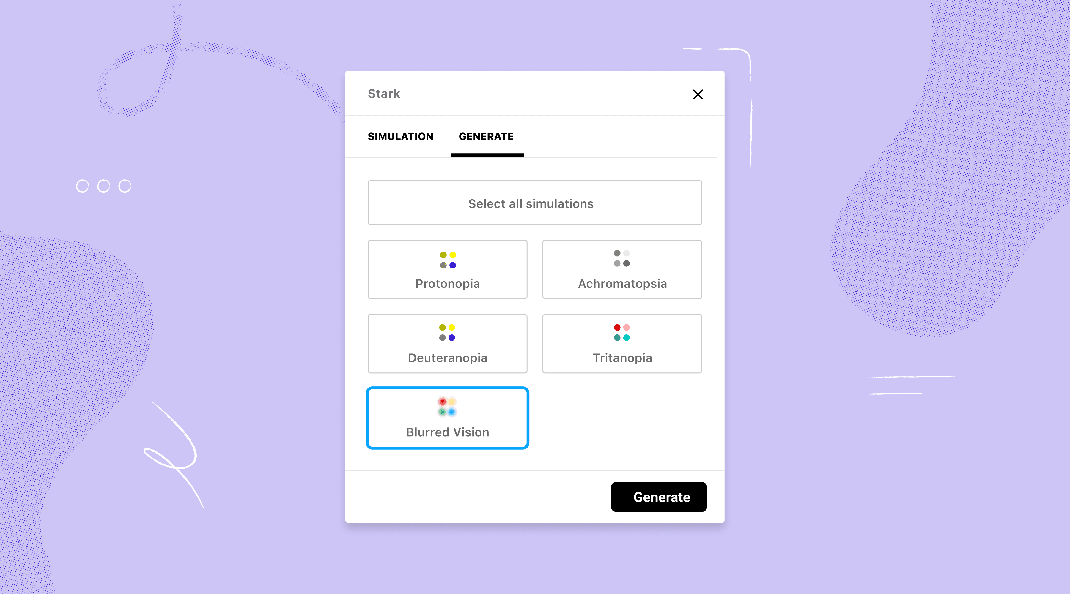 Cards that list the types of vision simulations that can be generated 