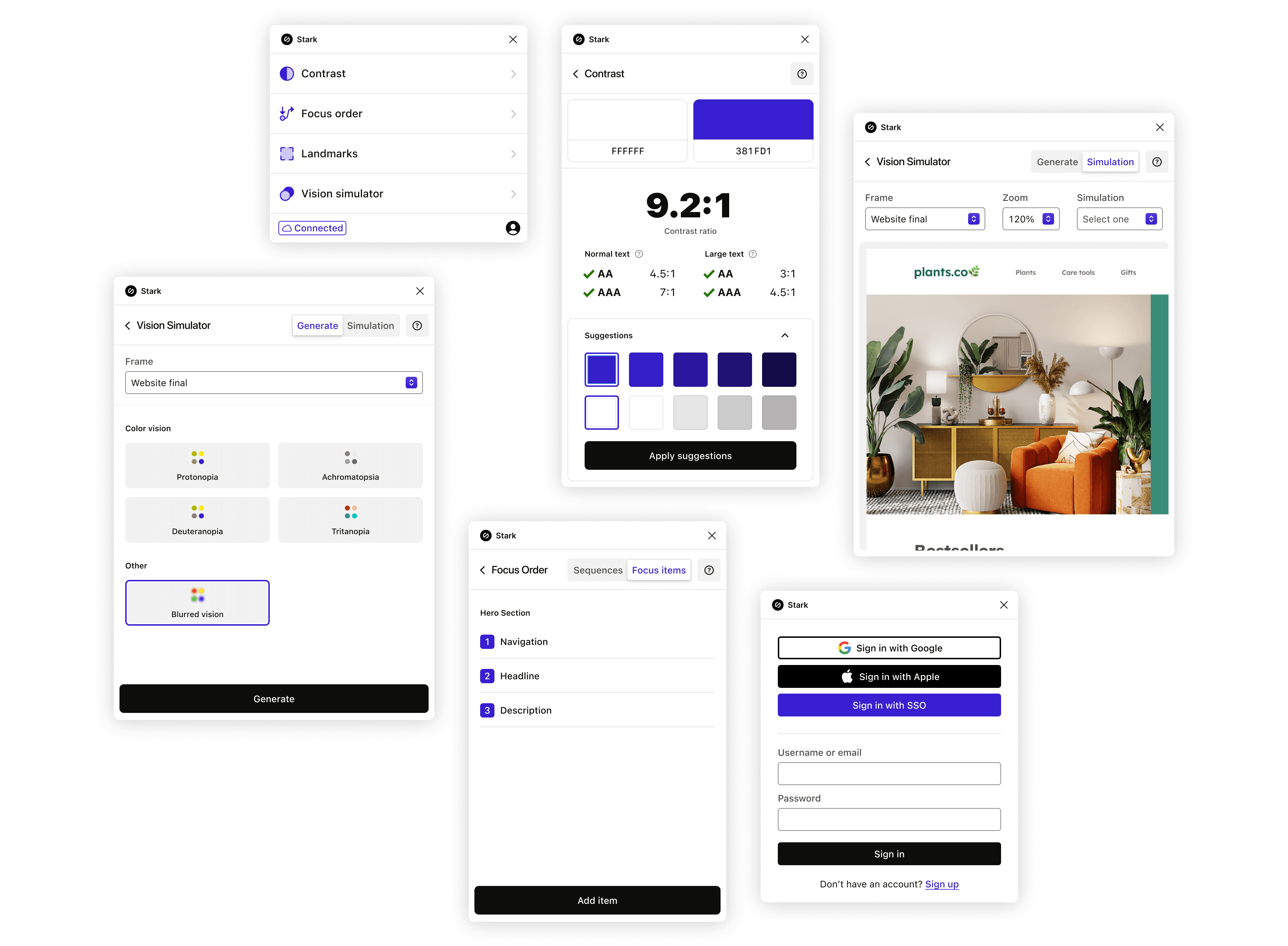 Stark's redesigned Contrast Checker, Vision Simulator, Focus Order, and tools menu