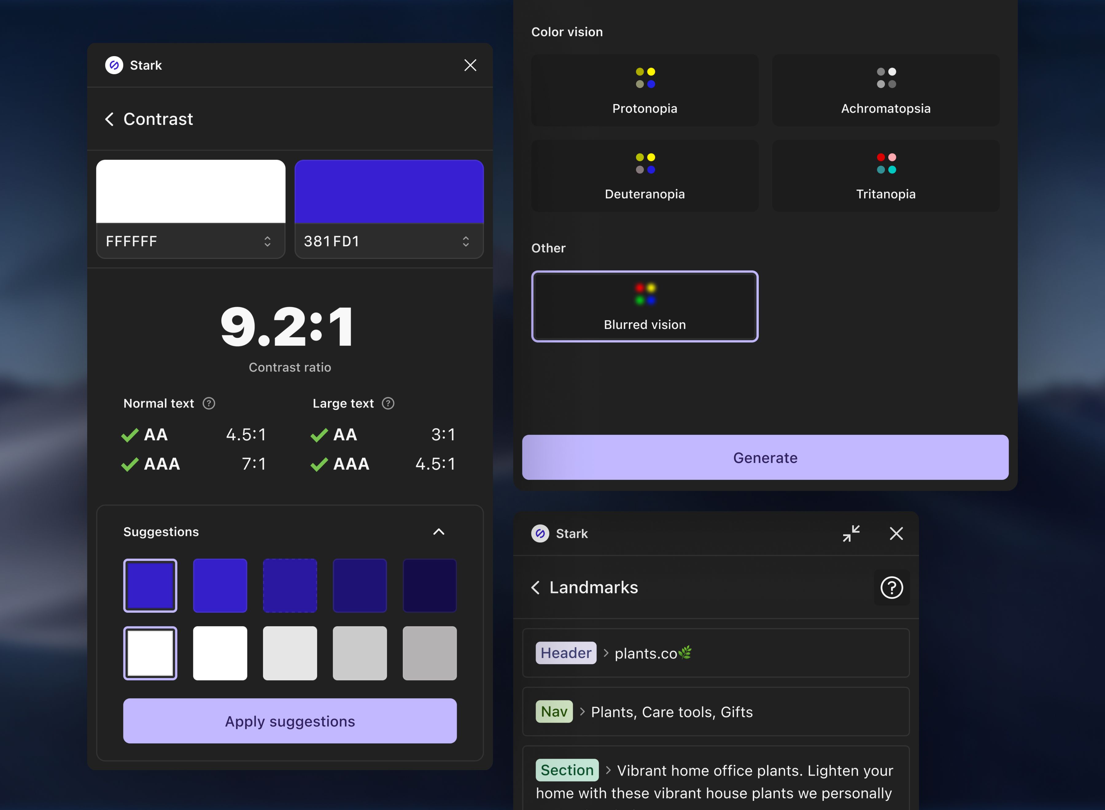 Stark's Contrast Checker, Vision Simulator and Generator, and Landmarks tool all displayed in Dark Mode.