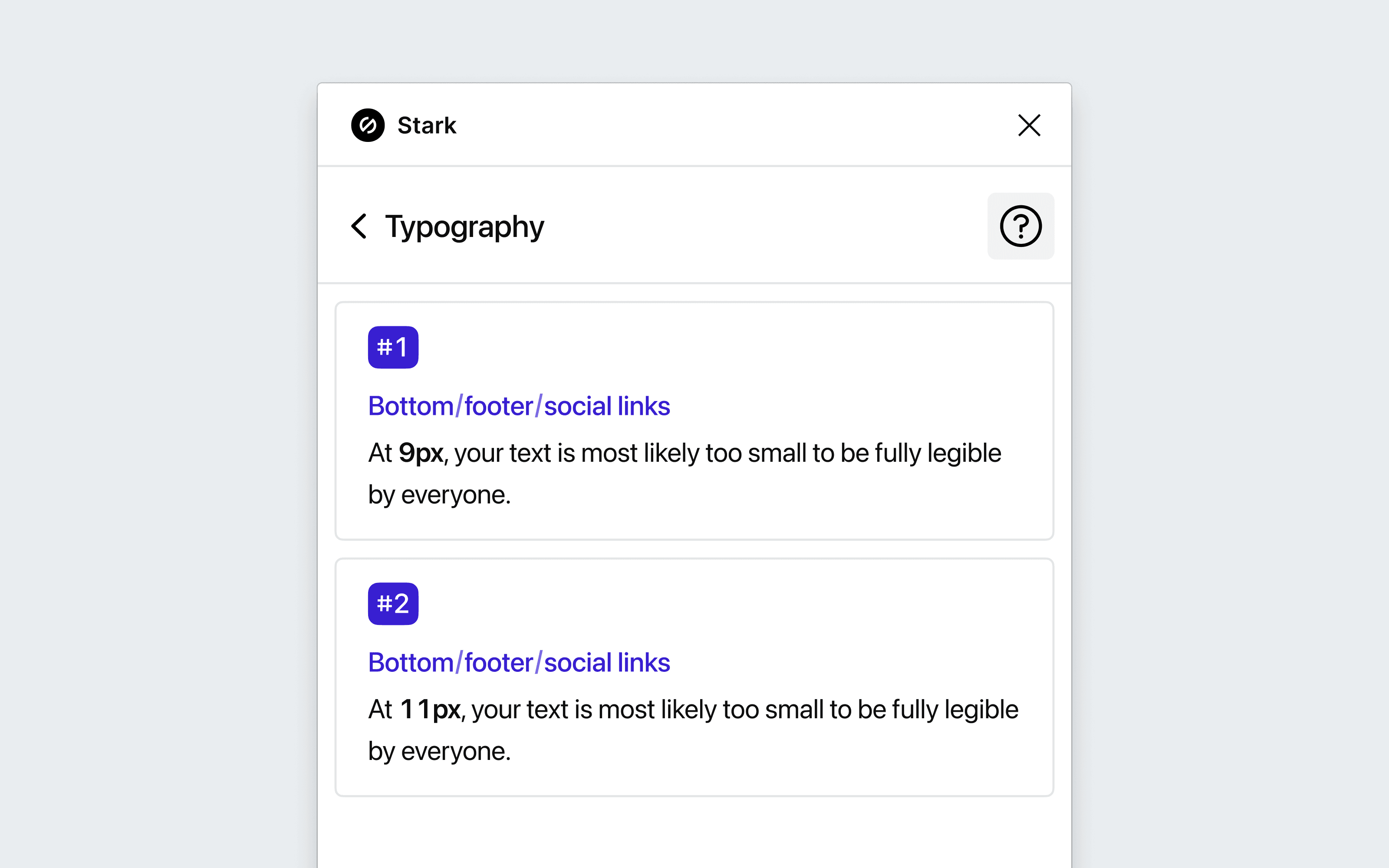 Issue cards displayed for text size issues using Typography Analysis in Stark.