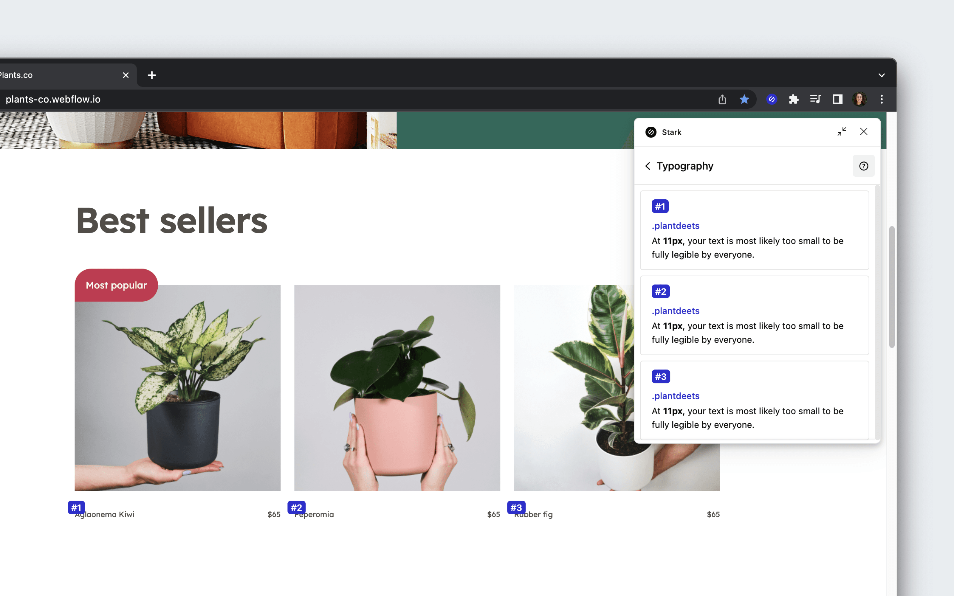 Stark’s browser extension surfacing and listing text size issues using Typography Analysis.