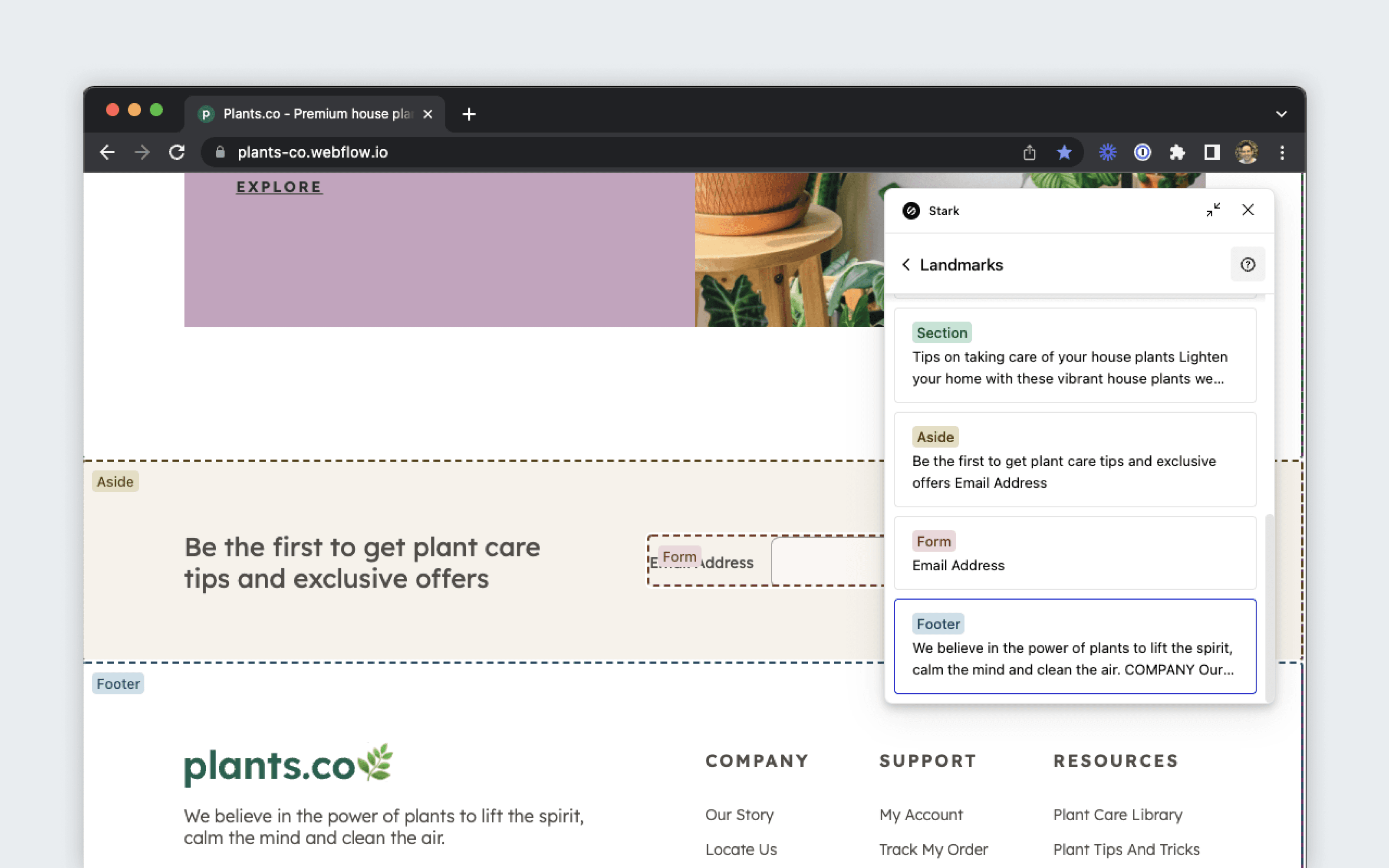 Stark’s browser extension displaying the existing Landmarks of a live website.