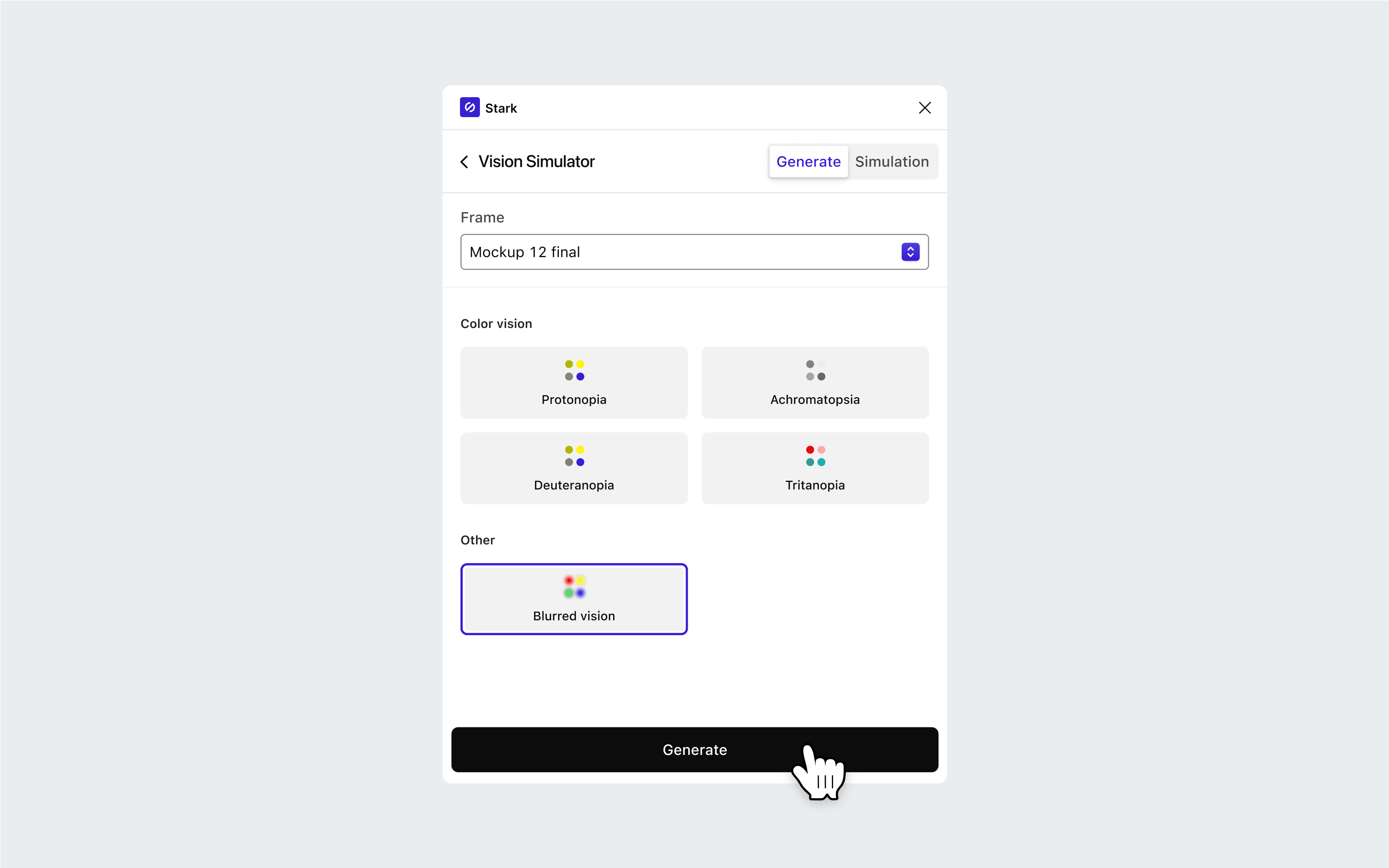 The Stark Vision Simulator’s “generate” tab displaying the 5 available types of simulations, with the option to select an artboard.