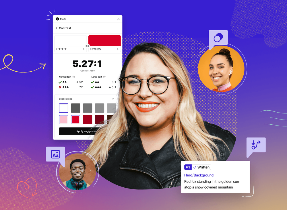 Three Stark users featured in a collage with key elements from the Stark interface like the Contrast Checker and Alt-Text Annotations.  