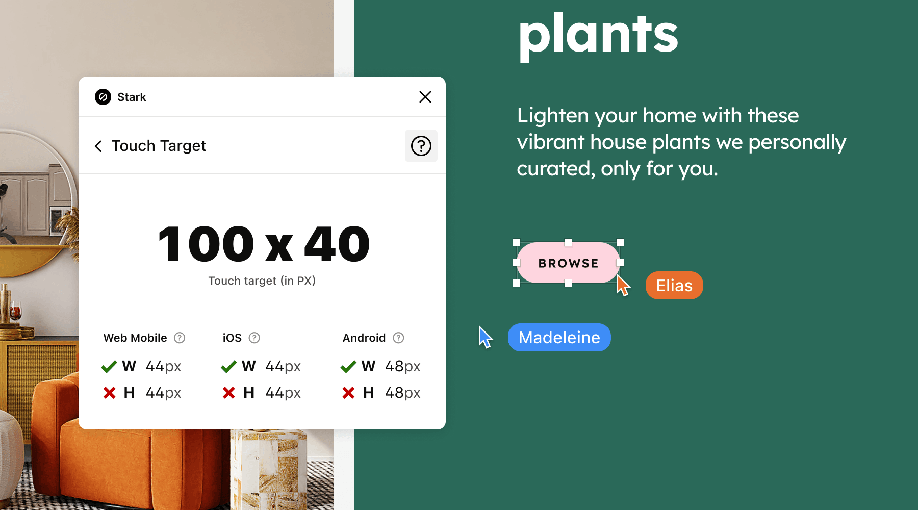 Results of a Touch Target scan shows that a call-to-action button labeled “browse” is 100x40 pixels and passes some guidelines.