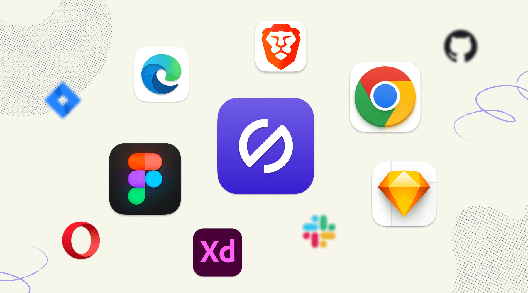 Icons for the design tools and browser extensions Stark integrates with, including Sketch, Figma, Google Chrome, Adobe XD, Opera, and Microsoft Edge. 