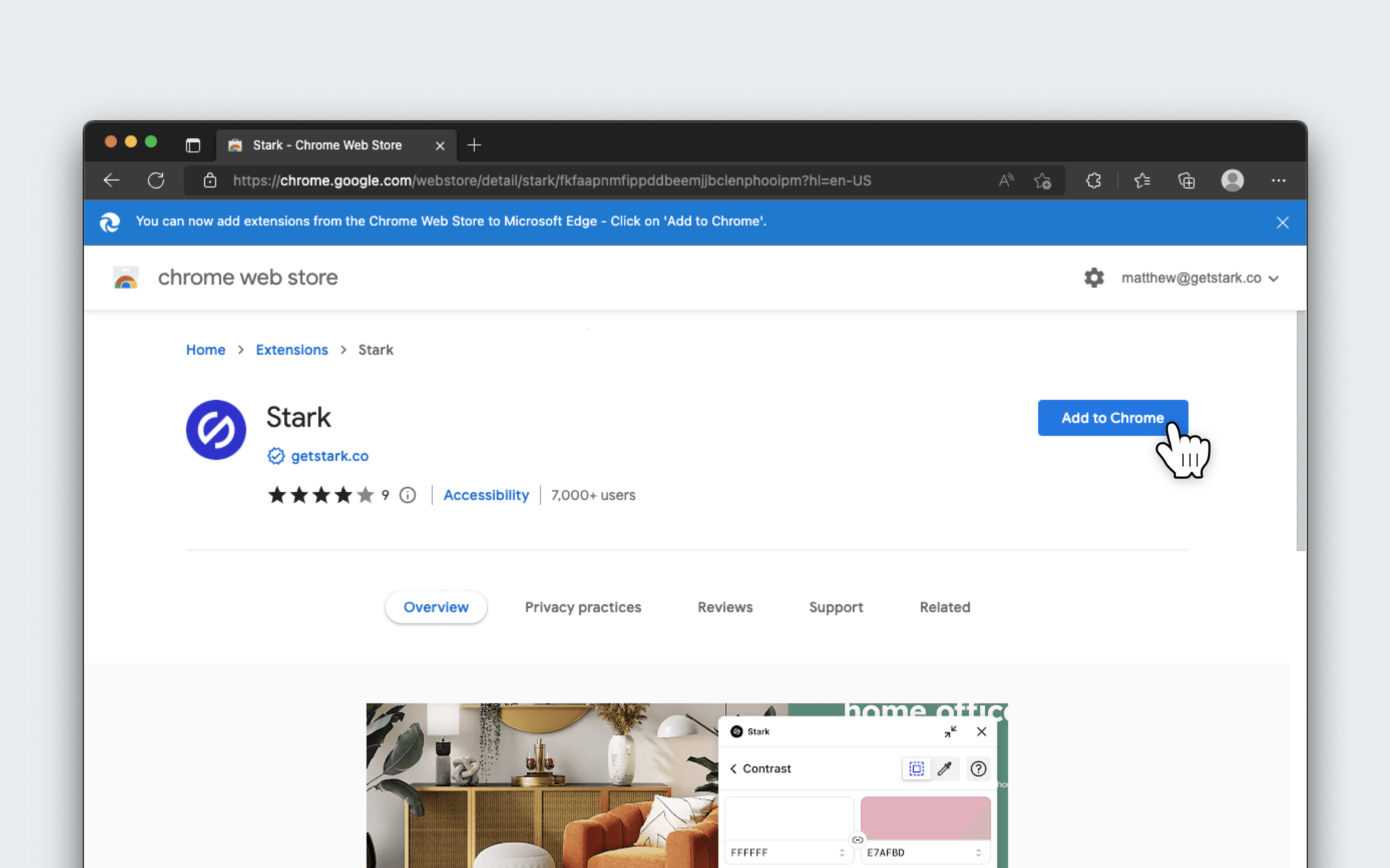 Downloading Stark for Microsoft Edge from the Chrome Web Store.