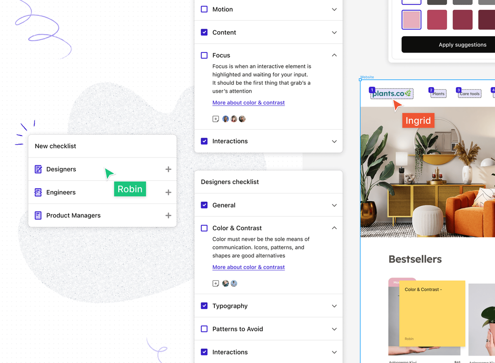 New Checklist menu that shows how checklists for designers, engineers, and product managers can be created. There's also an expanded view of a Designer Checklist to show accessibility tasks like Color and Contrast and Typography. 