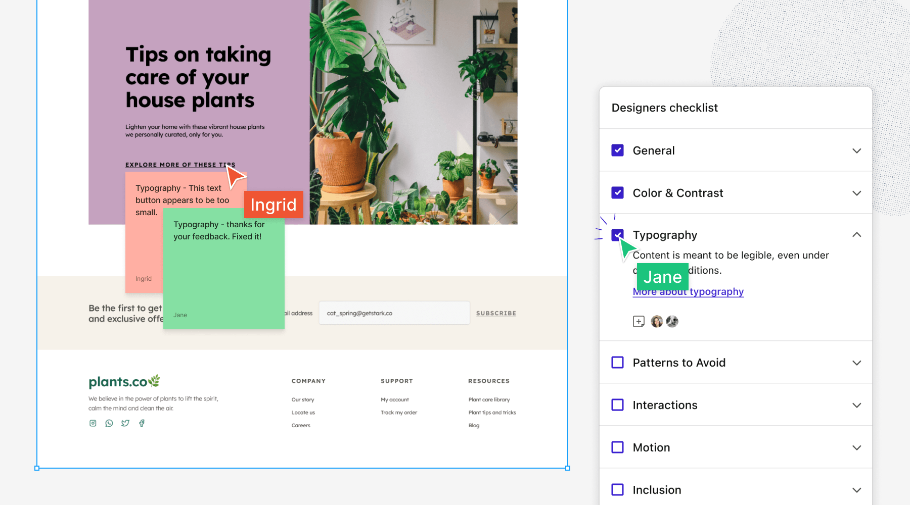 Design checklist that shows a Figma cursor with the name Jane attached clicking a checkbox next to Typography to indicate that the task is now complete. 