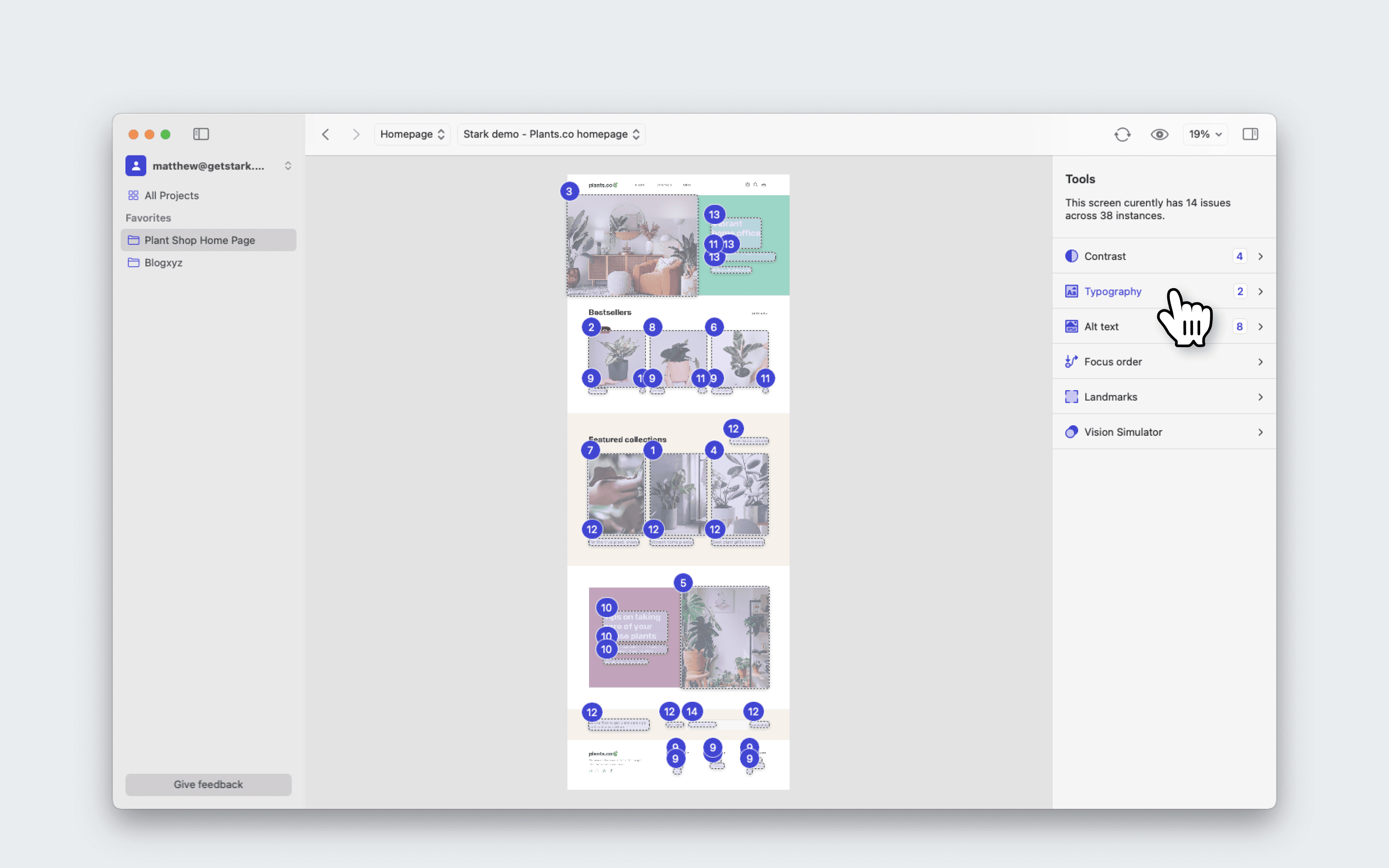 The Tools page in Stark for Mac displays the cursor hovering over Typography.