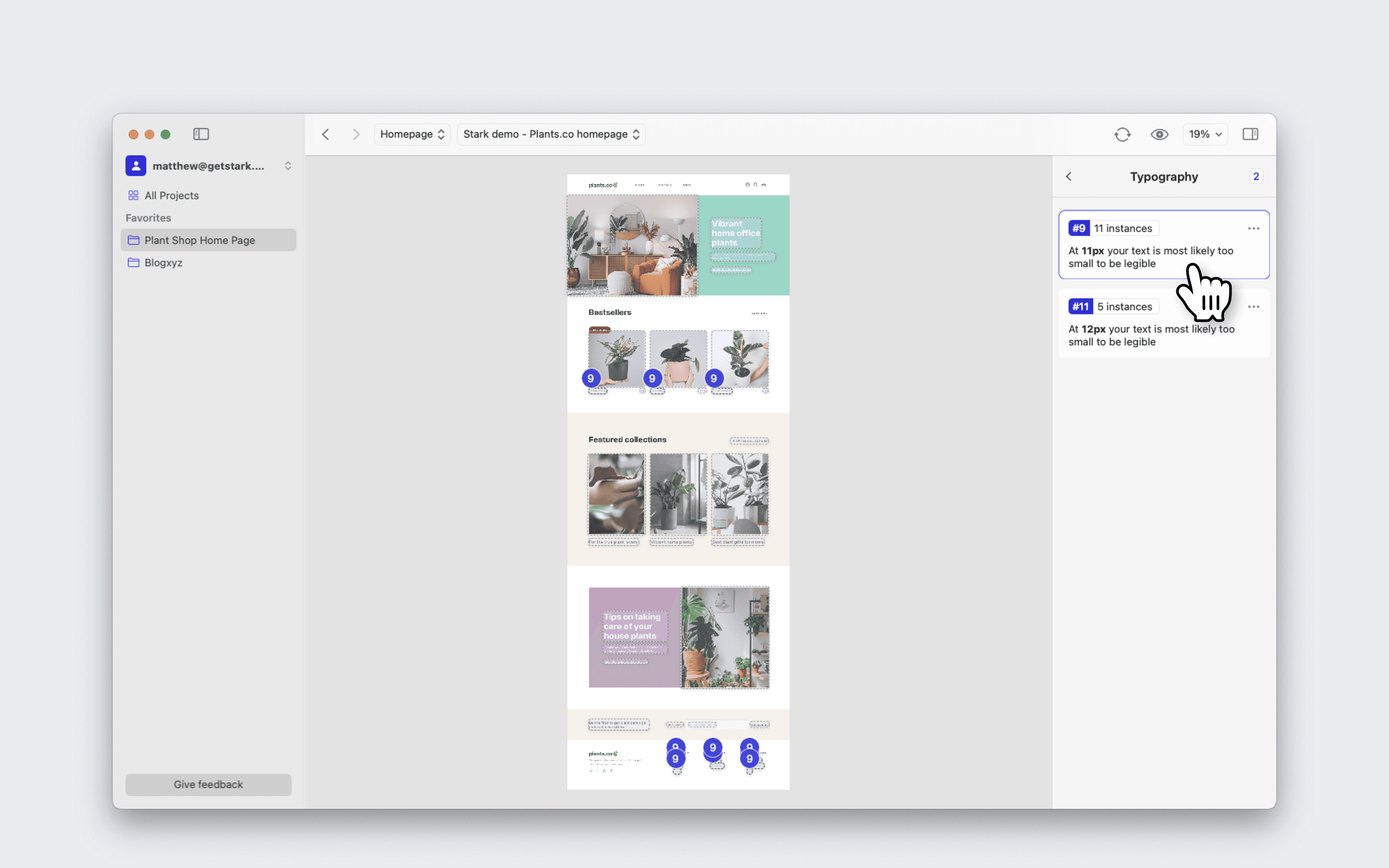 pography issue card is open, showing details about the issue in the right side panel. These details include the current text size, font, and weight, as well as suggestions for rectifying this issue.