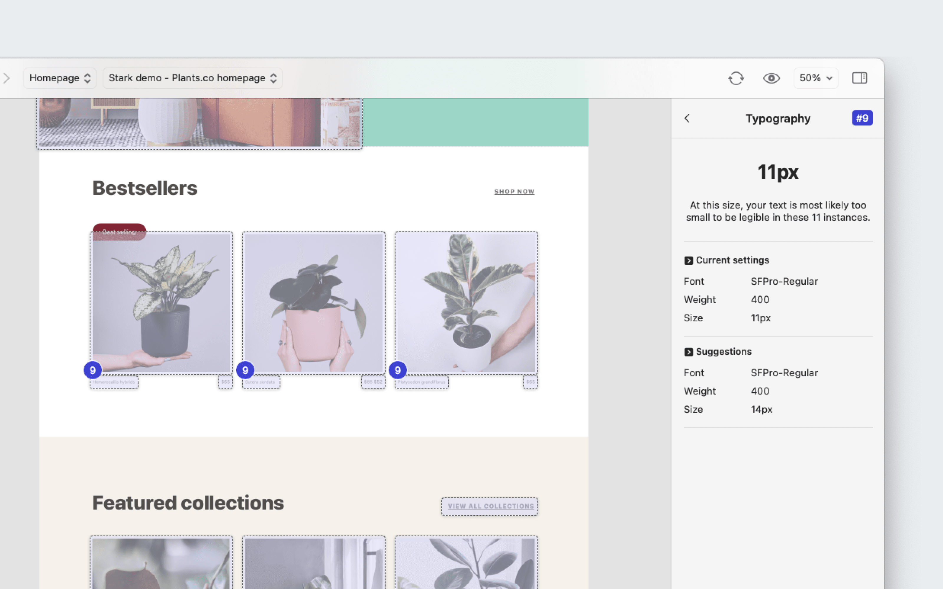pography issue card is open, showing details about the issue in the right side panel. These details include the current text size, font, and weight, as well as suggestions for rectifying this issue.