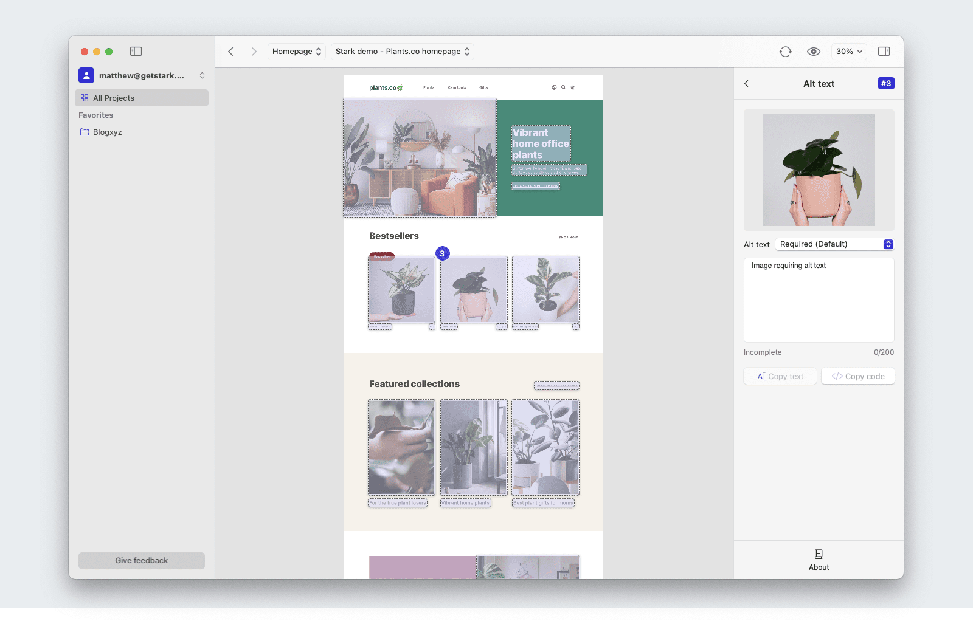 An opened Alt-Text issue card in Stark for Mac. The artboard is displayed, with the right side panel showing the image in question. There is a field under the image where the user can enter their alt-text description.