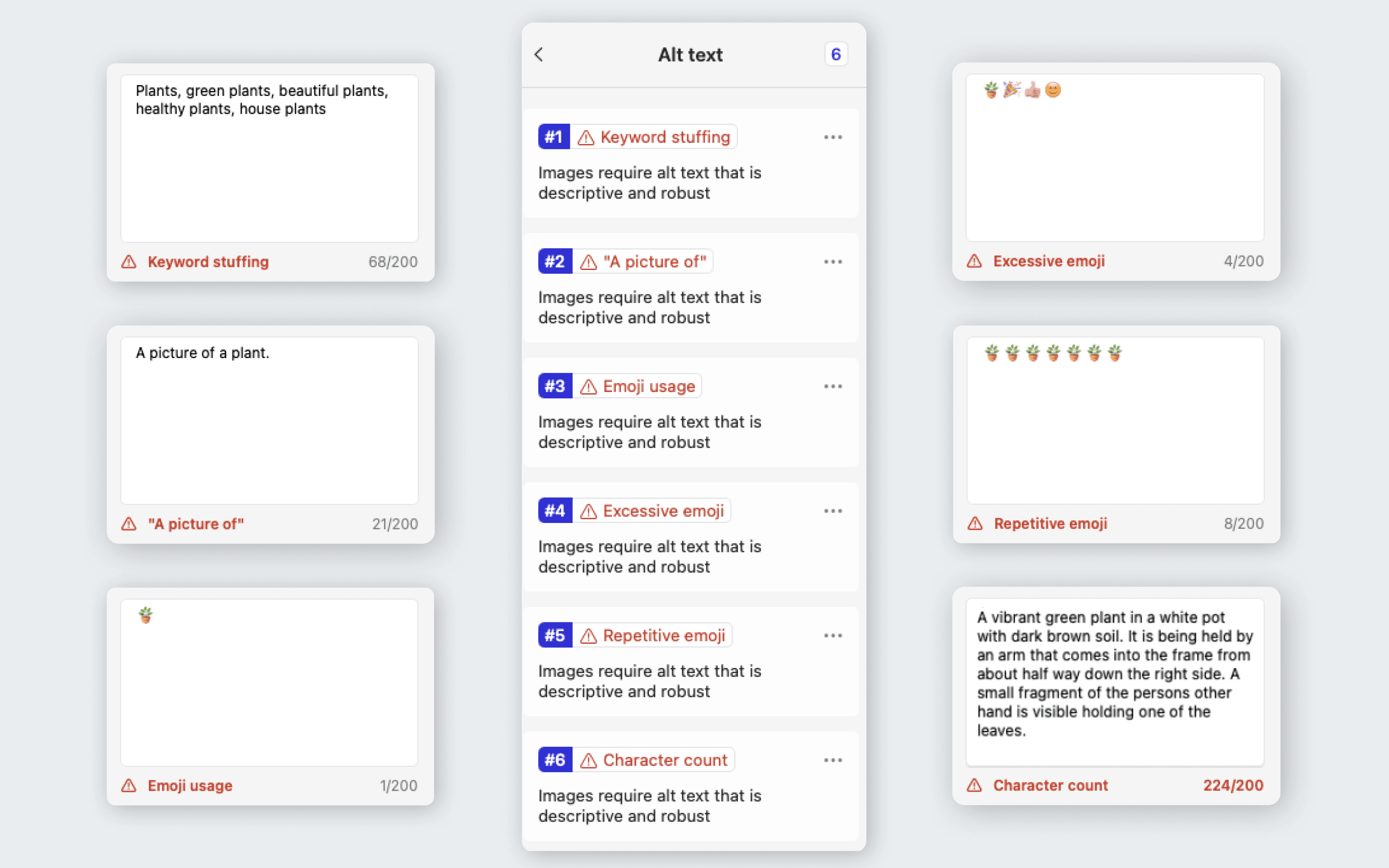 In the center of the image is a list of alt-text issue cards in Stark for Mac. Each issue card shows a different type of error that Stark will flag. Flanking this list on the left and right are individual examples of these errors.