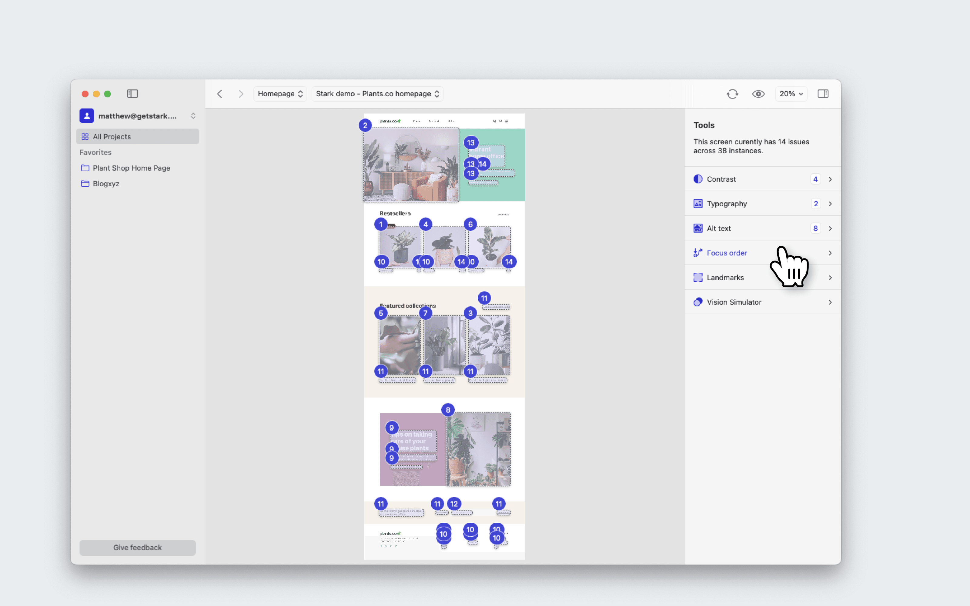 Stark for Mac’s Tools menu, with the cursor hovering over Focus Order.