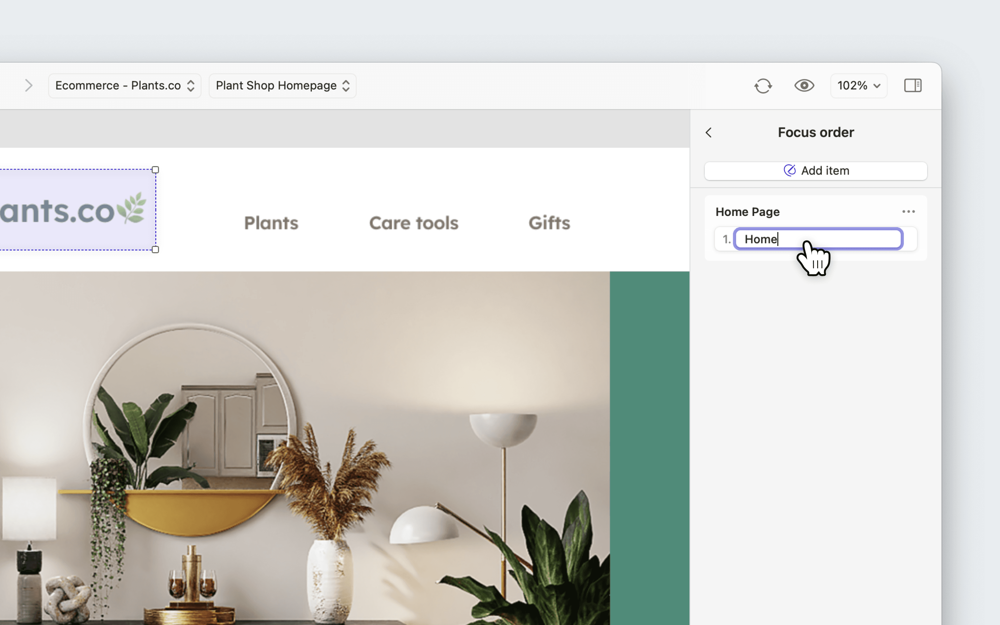 A live cursor and editable field has appeared around the focus item’s existing name, allowing the user to edit the name of a focus item.