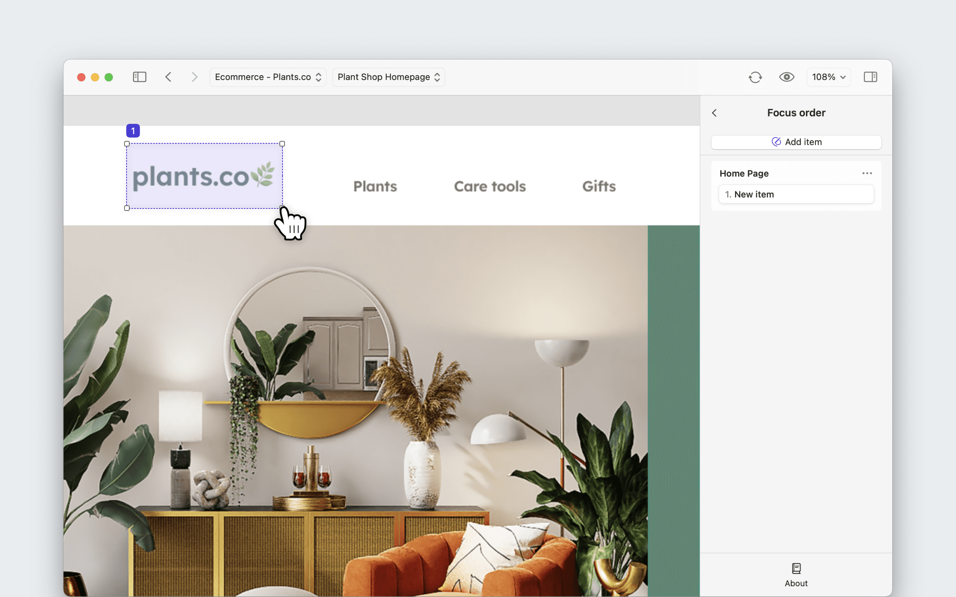A cursor drags a dashed box around a focus item that reads “plants.co” to demonstrate how to annotate focus order items.