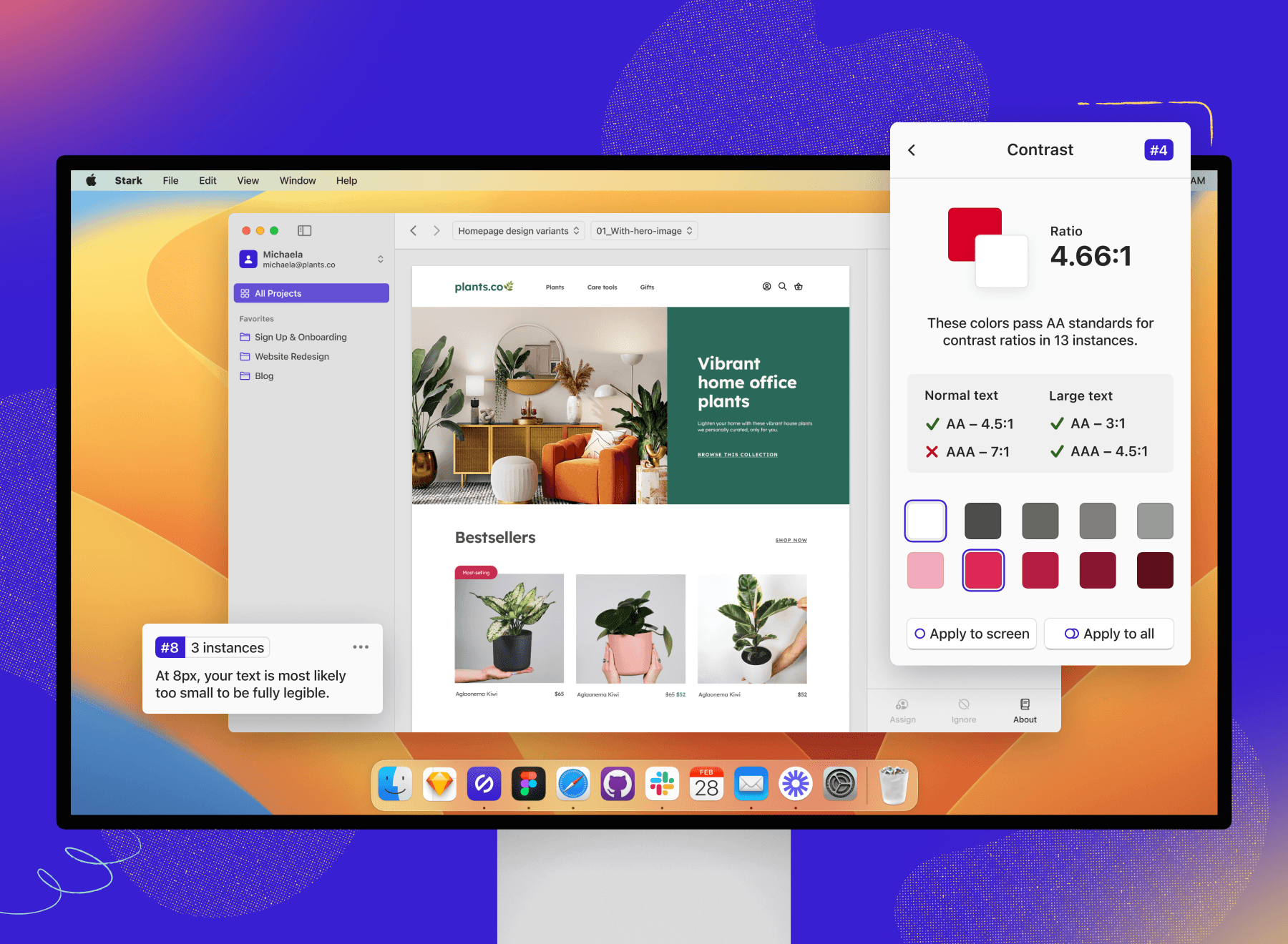 Stark for Mac app is running an audit on a design file for a plant online store, and tools like Contrast Checker and Typography Analysis are prominently showcased. 