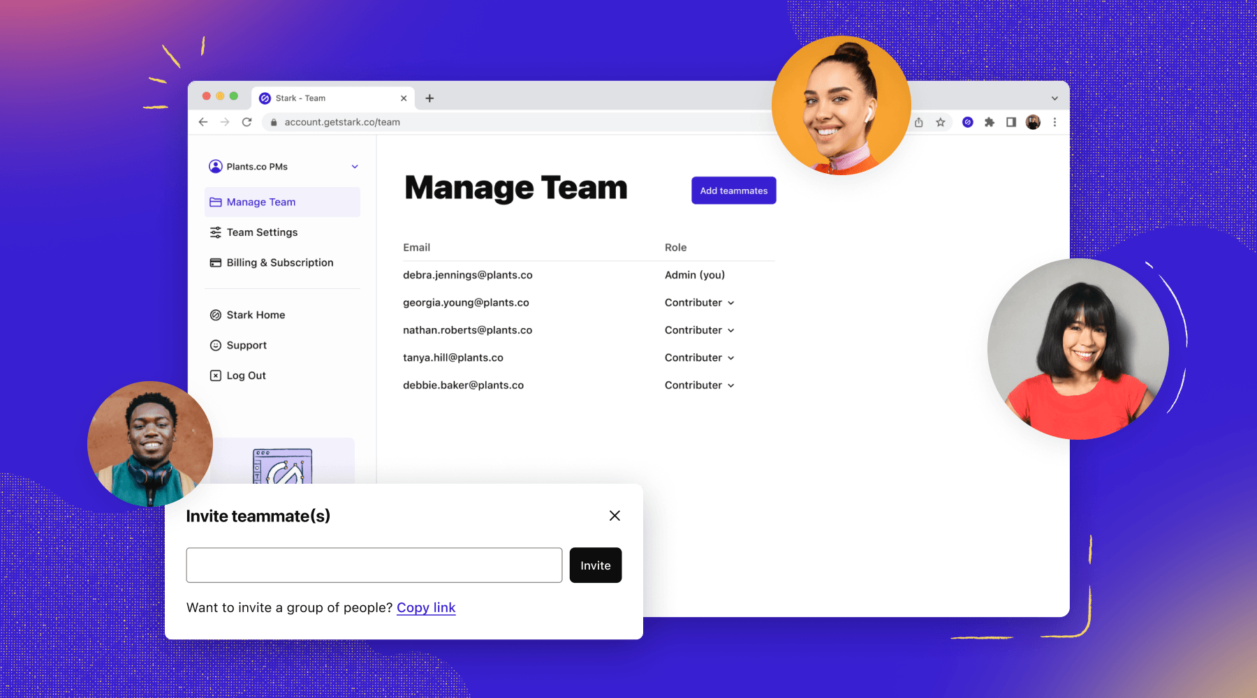 Stark dashboard for an account with a Team subscription shows where team members can be managed.  