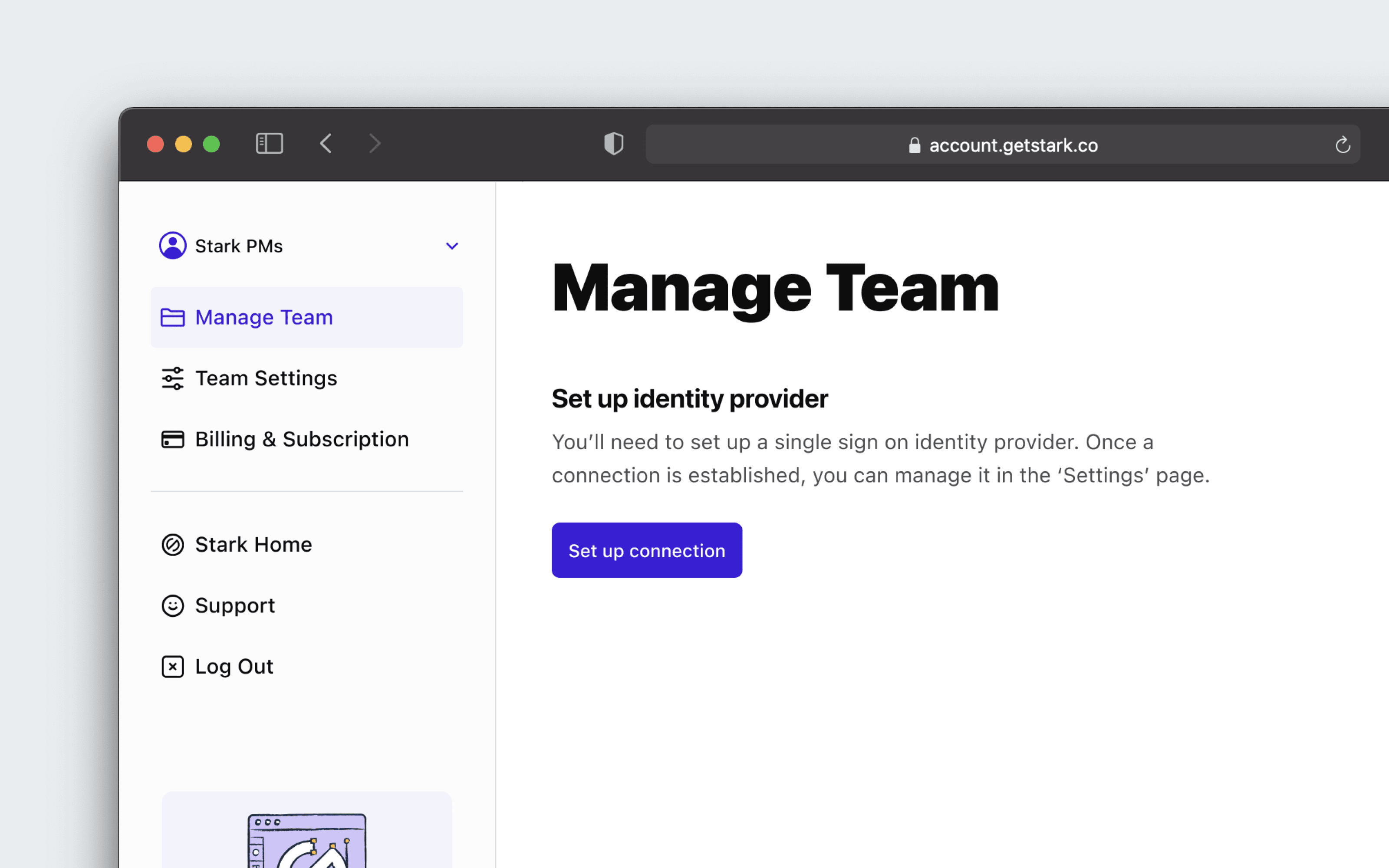 The Stark Dashboard displays the Manage Team page, providing the option to set up the connection to your teams SSO identity provider.