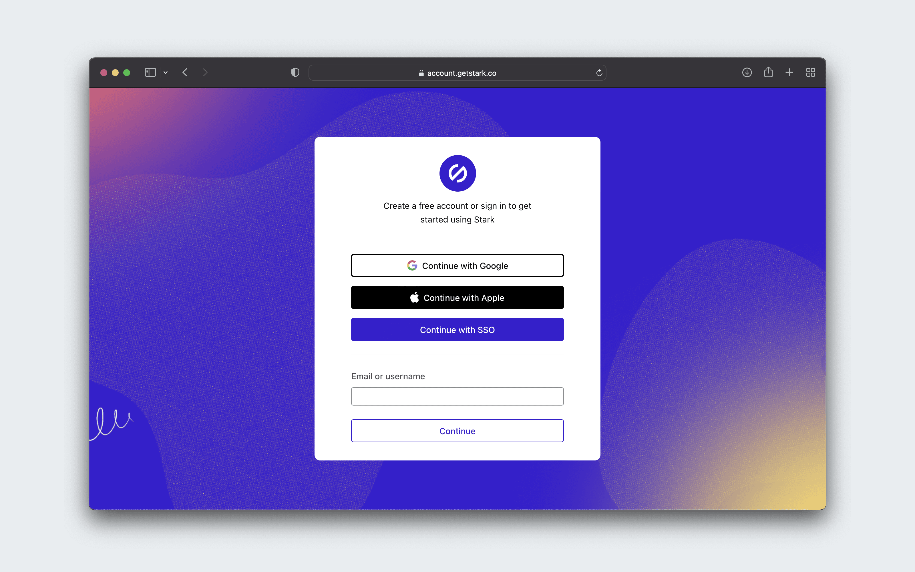 A window in Stark shows multiple options for signing in, including continuing with Google, Apple, SSO, and a field to enter your email or username.