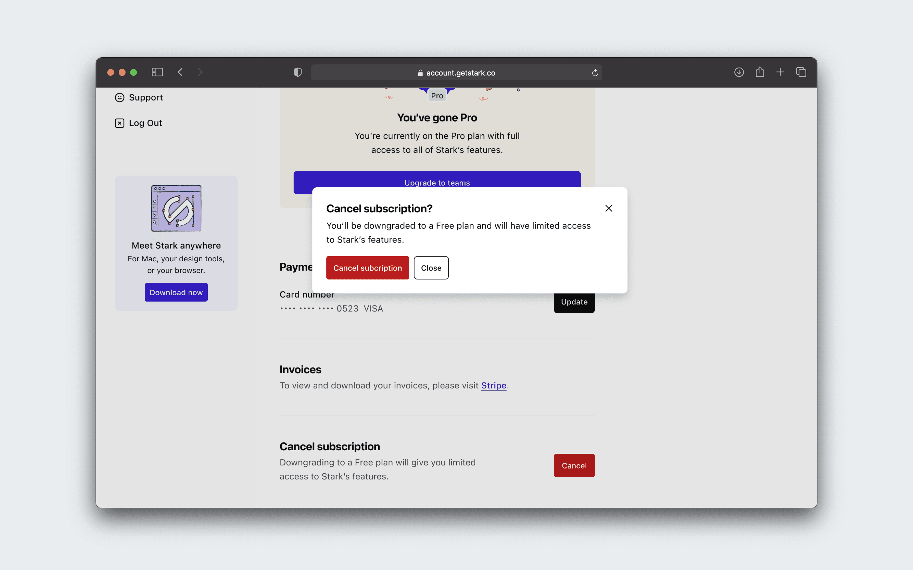 A window is shown on the Stark Dashboard with buttons to cancel a subscription, or to close the window. The window explains that cancelling will downgrade the user to a Free plan with limited access to Stark's features.