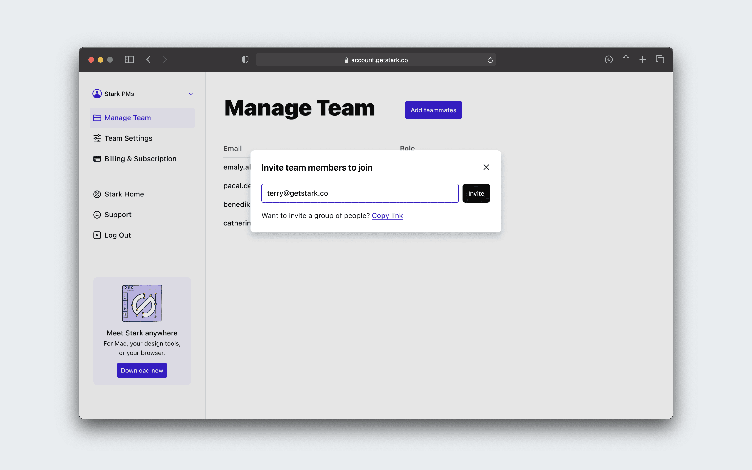 The Manage Team page is shown in the Stark Dashboard. The