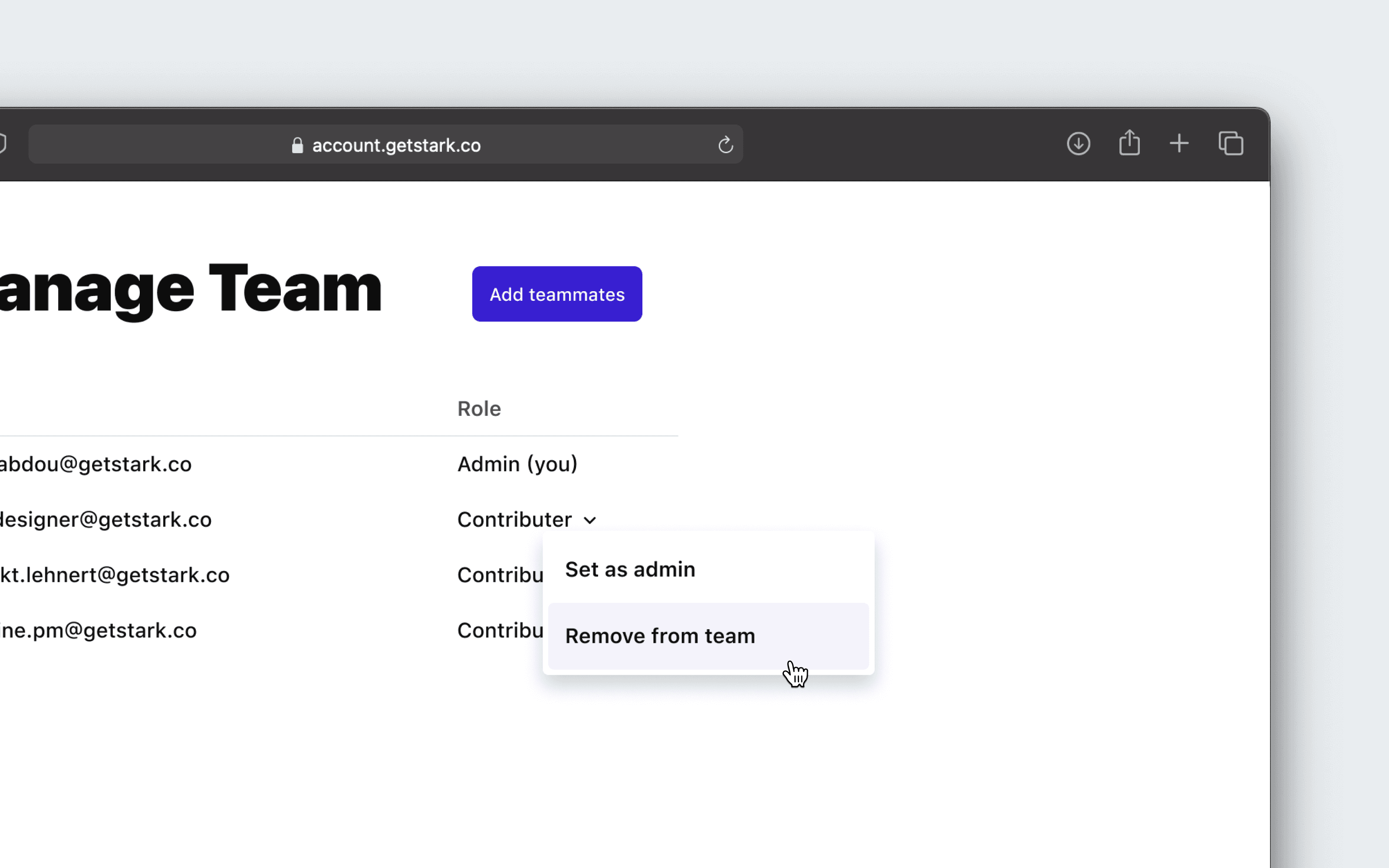 The carrot next to a team member has been selected, showing a drop down to either set the team member as admin, or to remove them from the team.