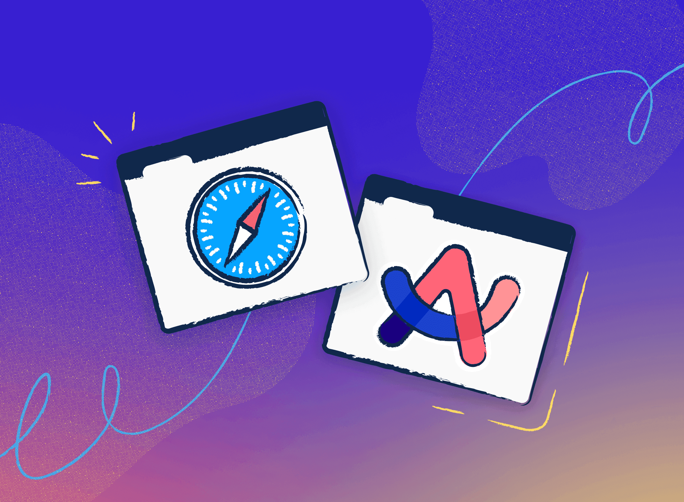 Illustrated icons for Safari and Arc.