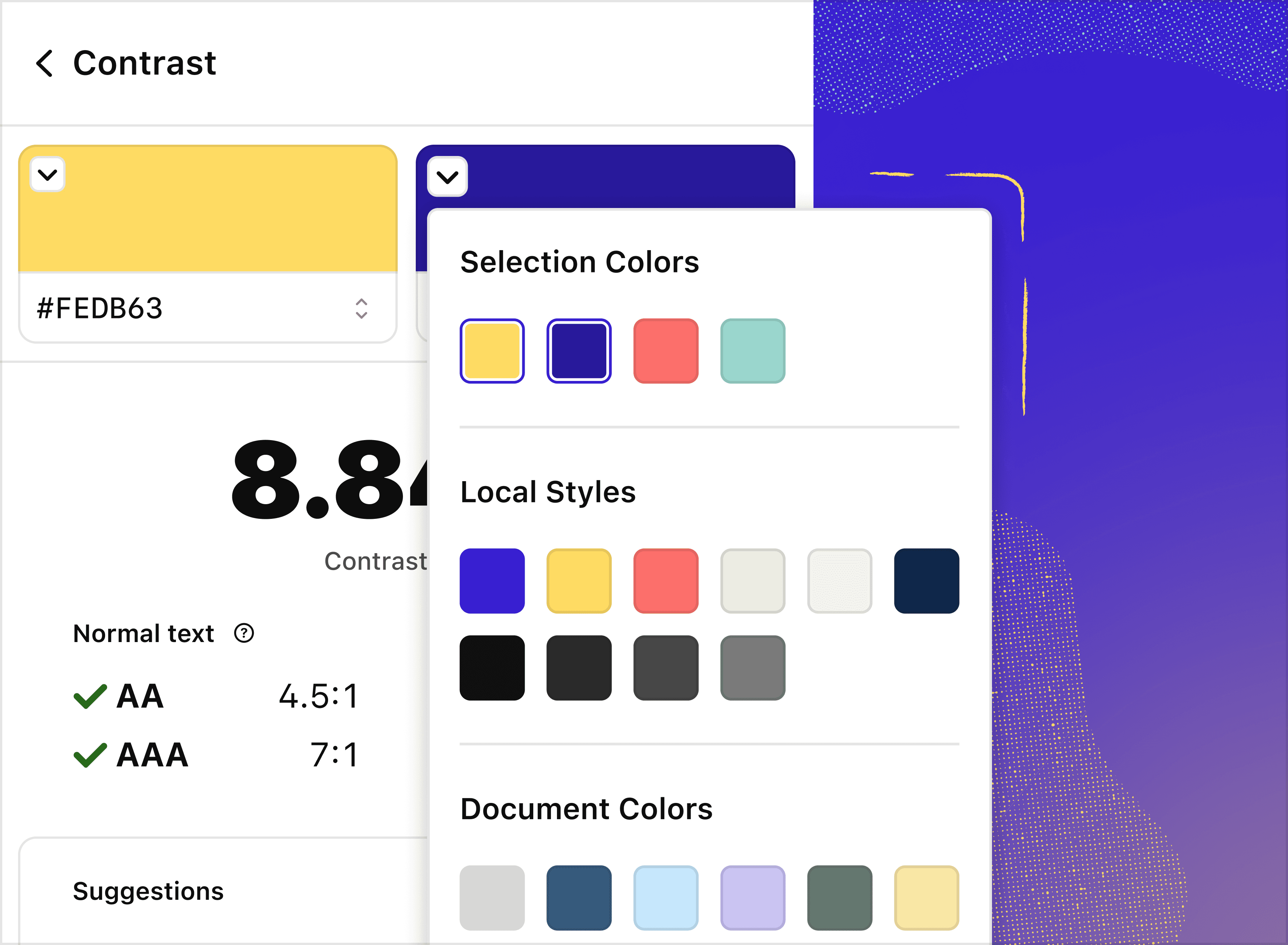 Close-up of the drop-down menu in Contrast Checker that lets you choose from selection colors, local styles, and document colors.