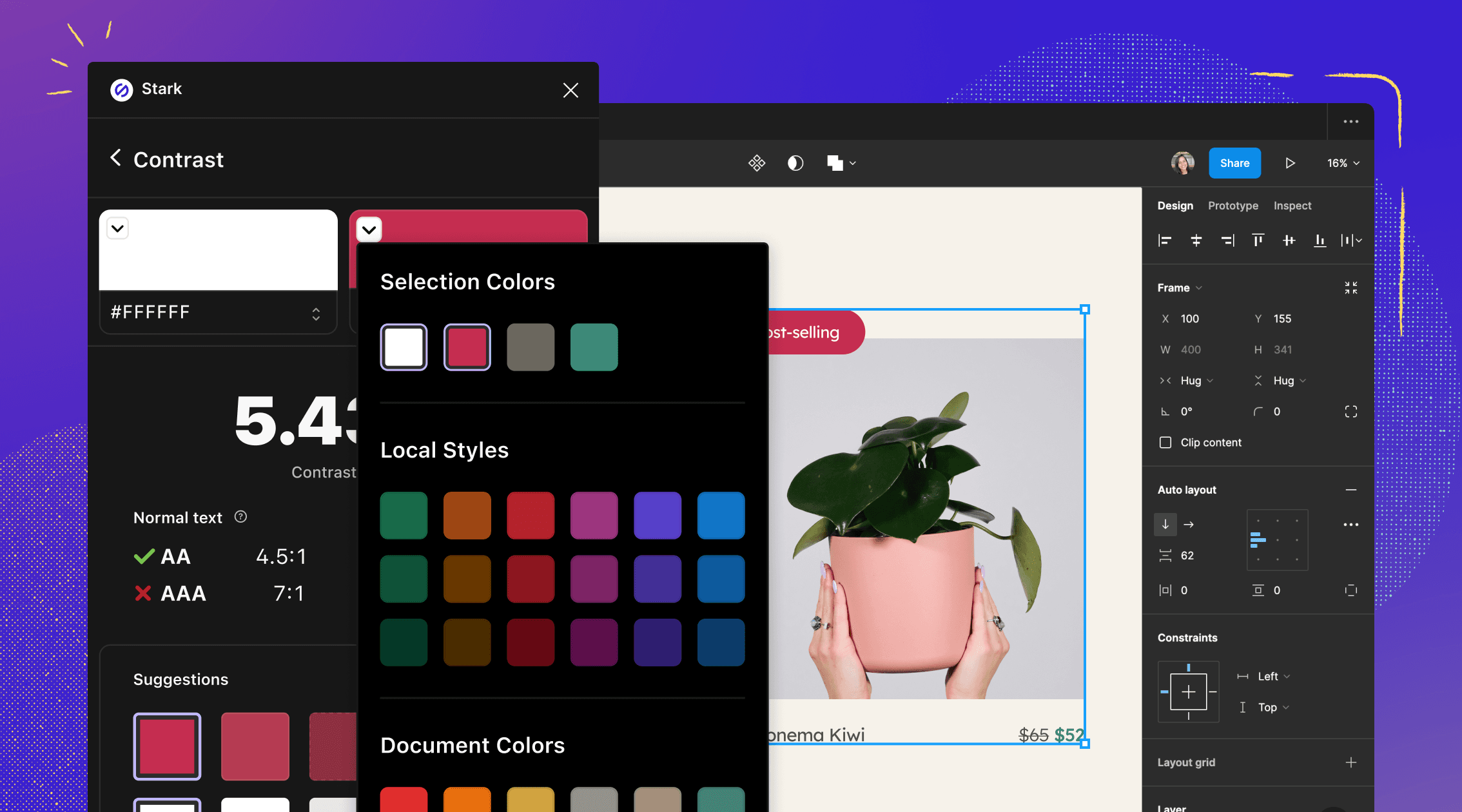 Contrast Checker opened in Figma to show selection colors, local styles, and document colors listed in the drop-down menu. 