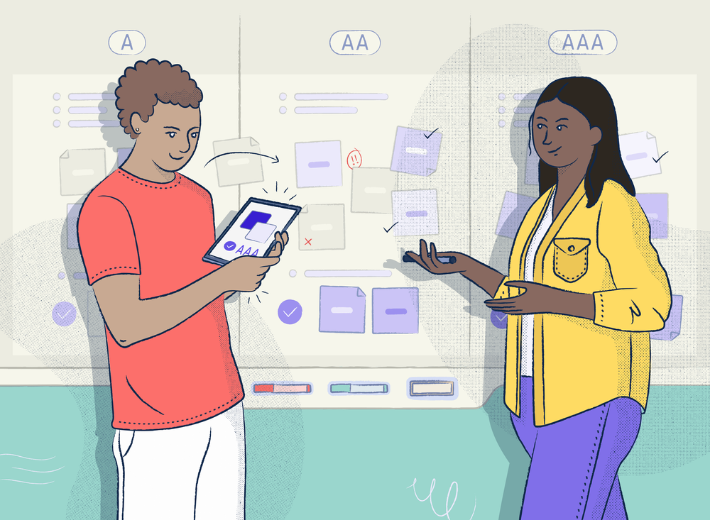 Illustration of 2 designers organizing color combinations on a whiteboard based on whether they pass A, AA, AAA accessibility criteria.