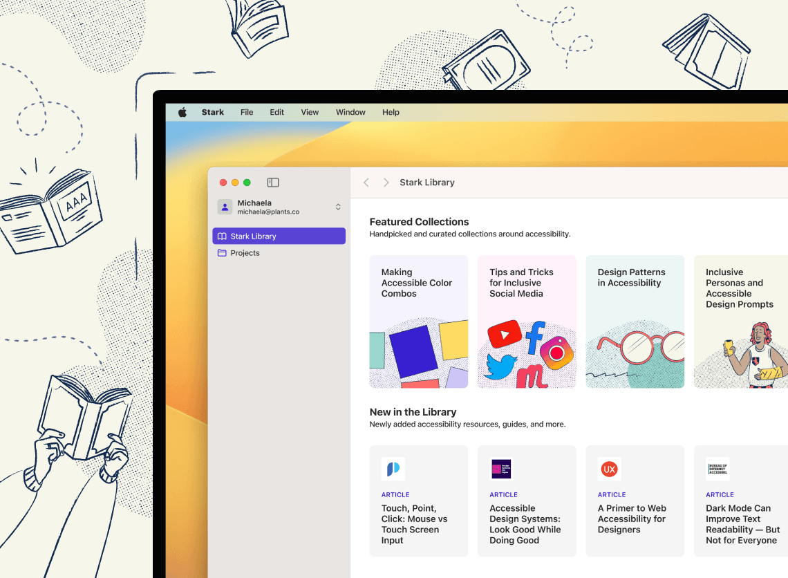 Stark Library is open in the Mac app to show the covers of resources like "Making Accessible Color Combos" and "Design Patterns in Accessibility." 