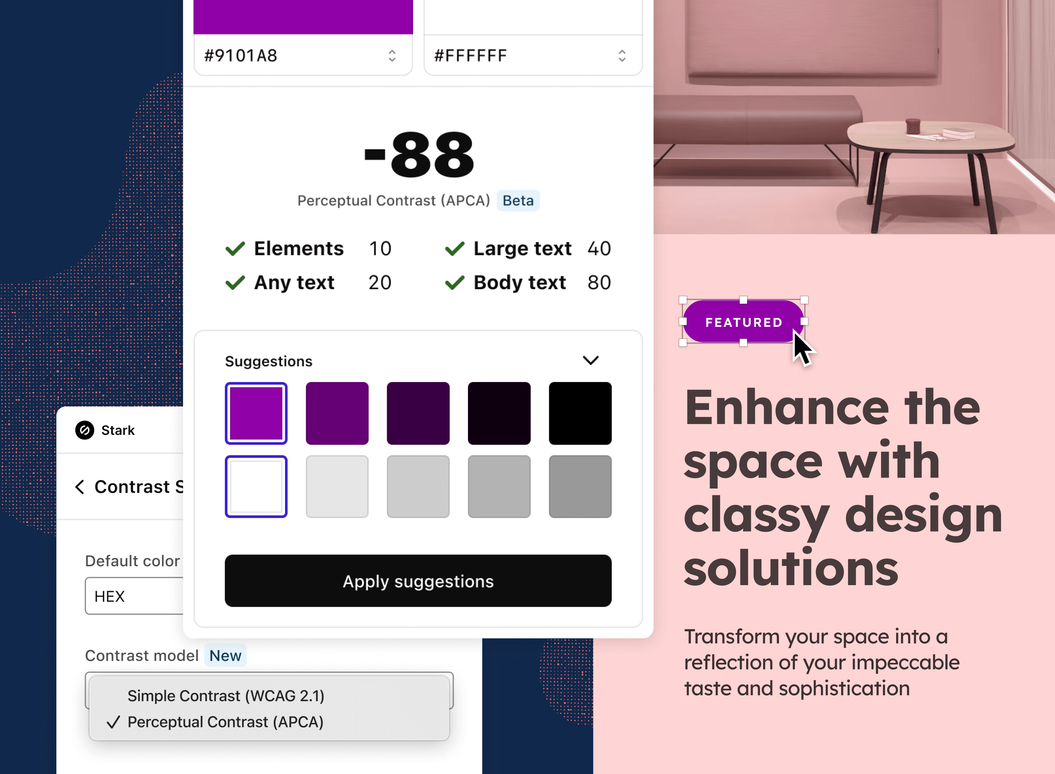 In the foreground, UI of Stark's contrast checker showing APCA contrast value of -88 underneath white and purple color swatches, 4 contrast checks with green checkmarks and color suggestions. In the background, a design file and Stark settings UI.