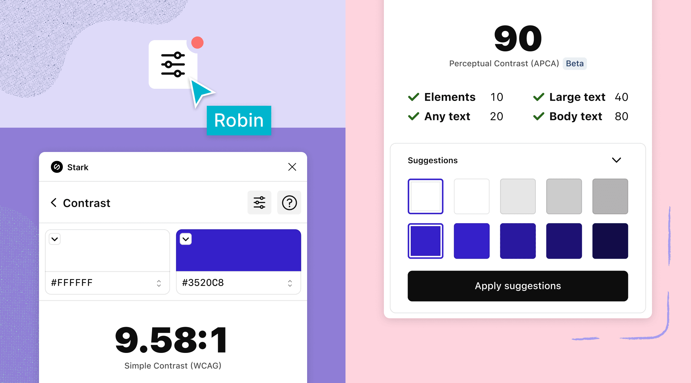 On the left a settings icon and cursor, below Stark's WCAG contrast checker. On the left Stark's new APCA contrast checker with beta label and contrast checks.