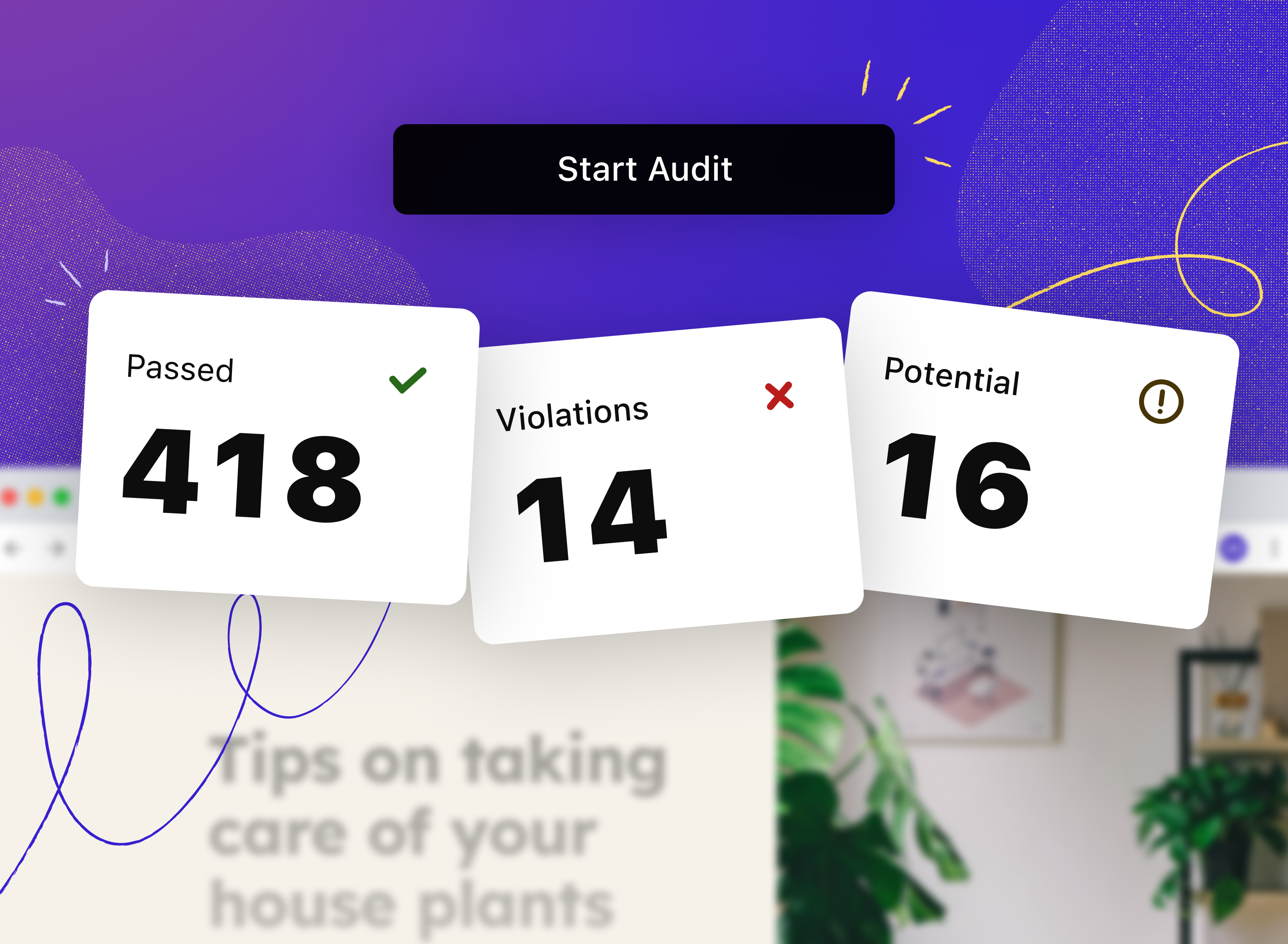 At the top a button reading Start Audit. Below 3 cards wiggling next to each other showing in big numbers test results of 418 passed tests, 14 violations and 16 potential violations. In the background blurred a colorful web shop screenshot.